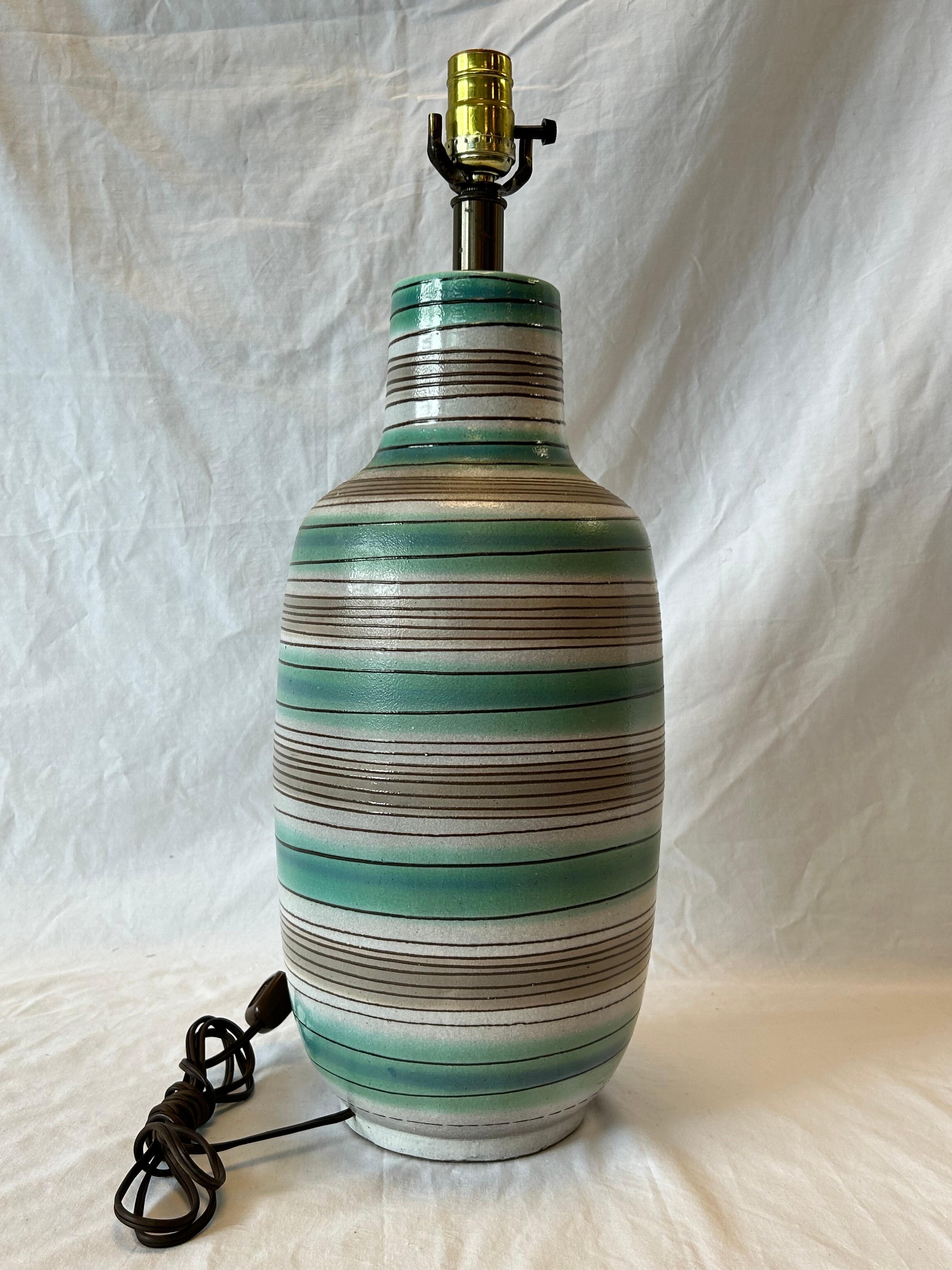 20th Century Mid Century Terracotta Glazed Stripe Table Lamp Lee Rosen Design Technics Style For Sale