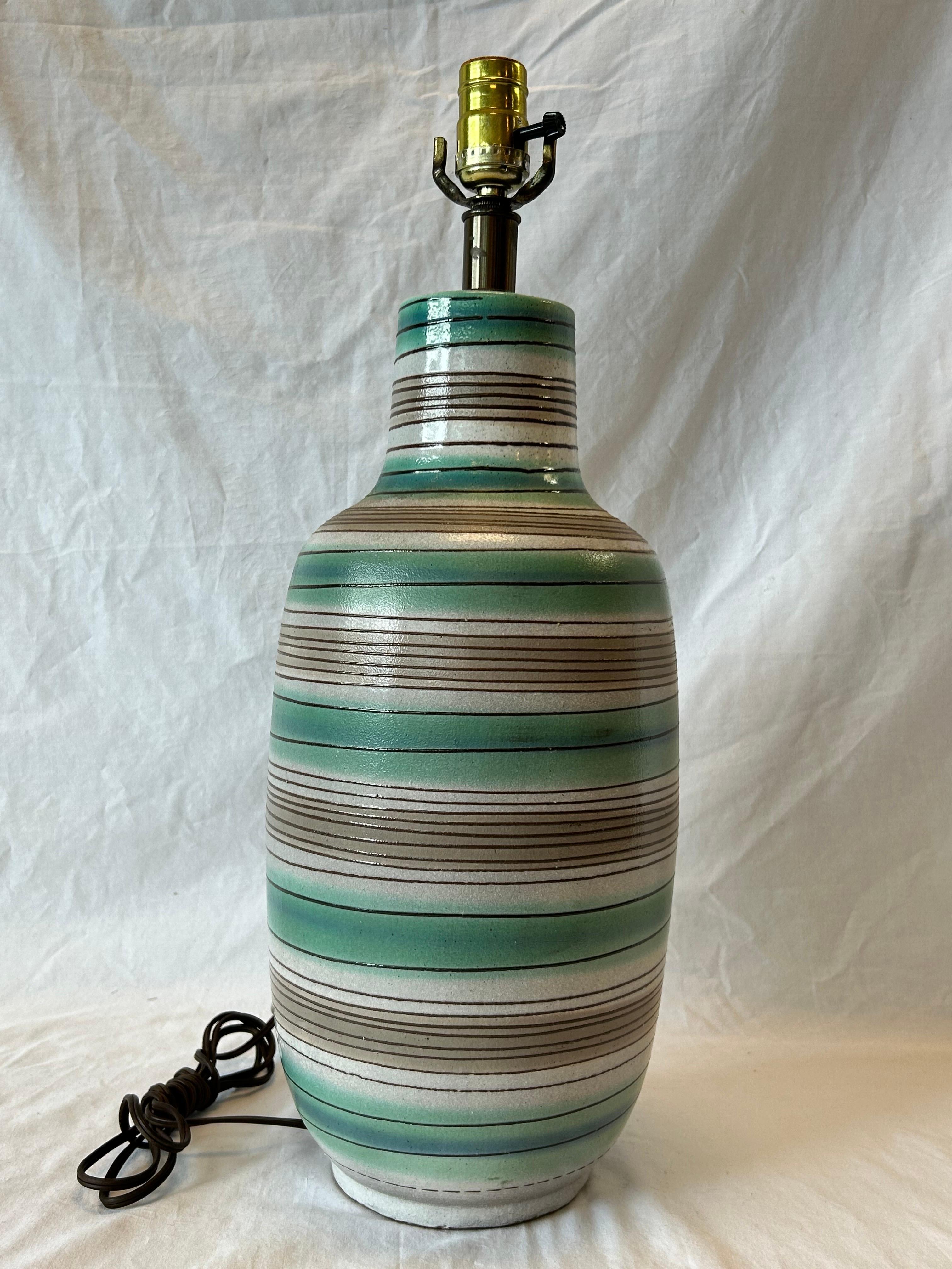 Mid Century Terracotta Glazed Stripe Table Lamp Lee Rosen Design Technics Style For Sale 1