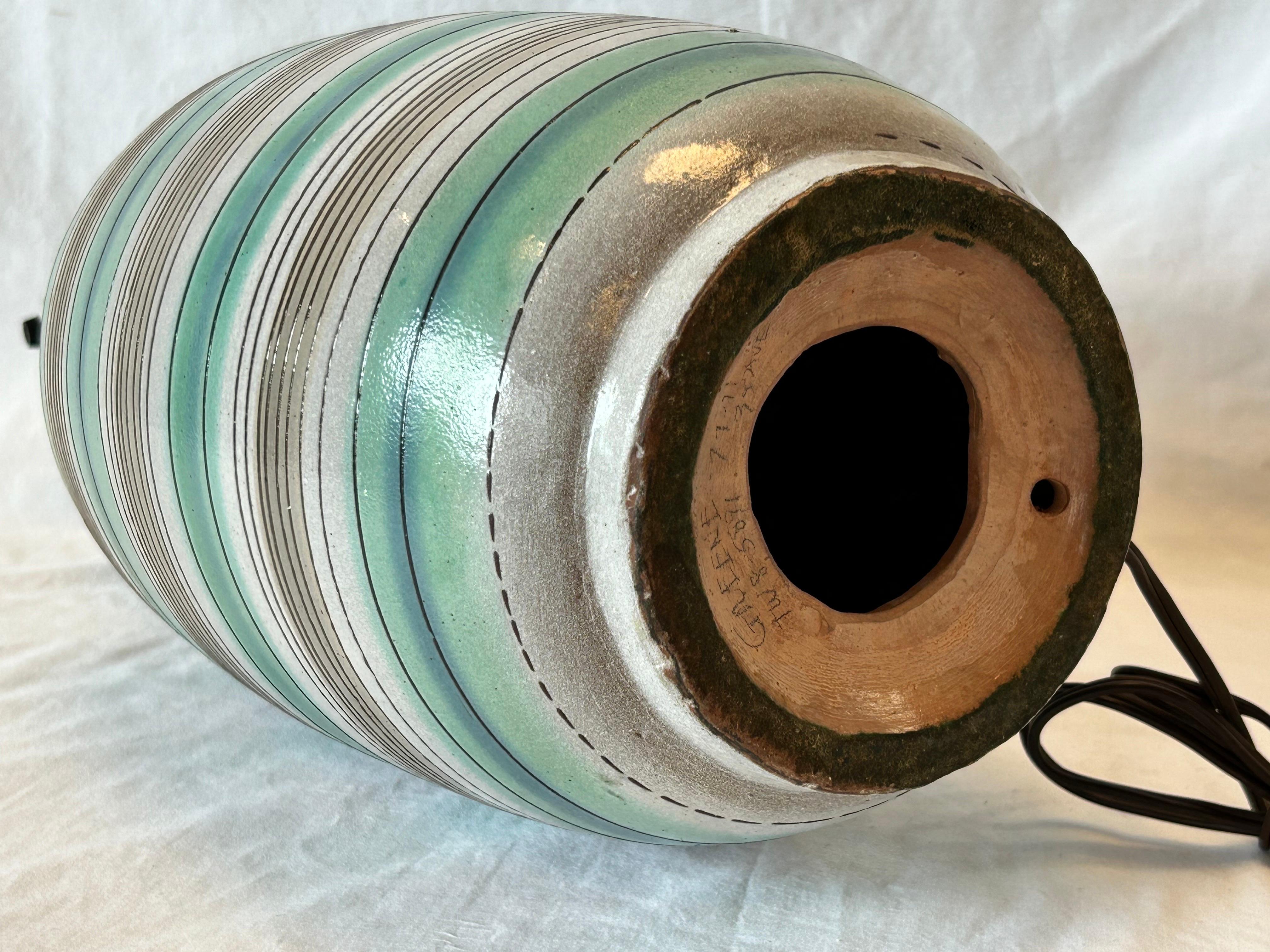 Mid Century Terracotta Glazed Stripe Table Lamp Lee Rosen Design Technics Style For Sale 2
