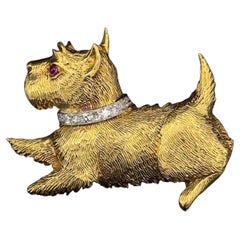 Mid-Century Terrier Dog Diamond Ruby Brooch Yellow White Gold 1950s 1960s