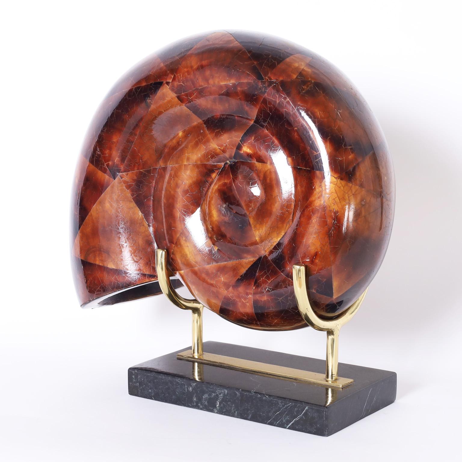 Philippine Mid-Century Tessellated Penshell Nautilus on Stand by Maitland-Smith For Sale