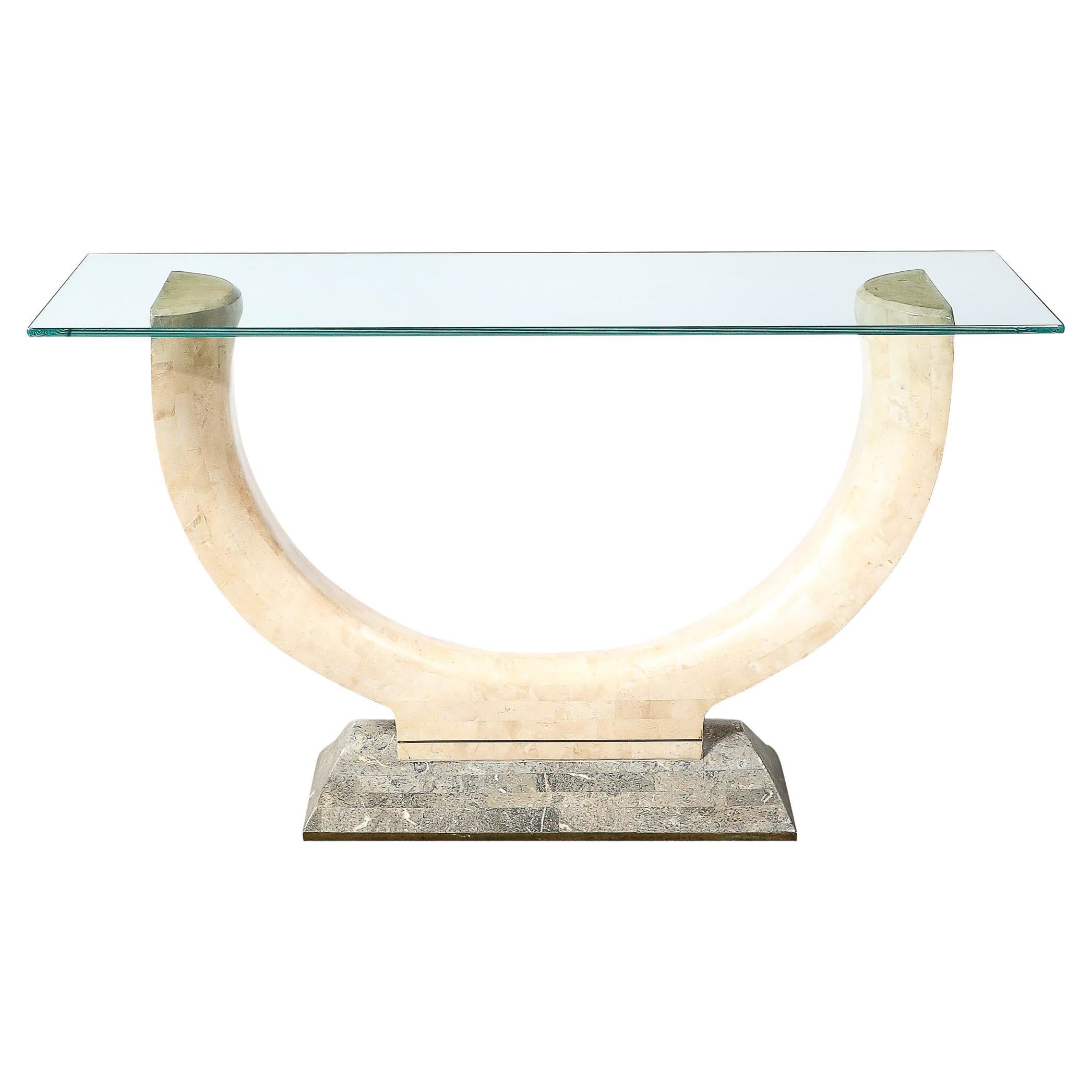 Mid-Century Tessellated Stone Console Table W/ Brass Inlays by Maitland Smith