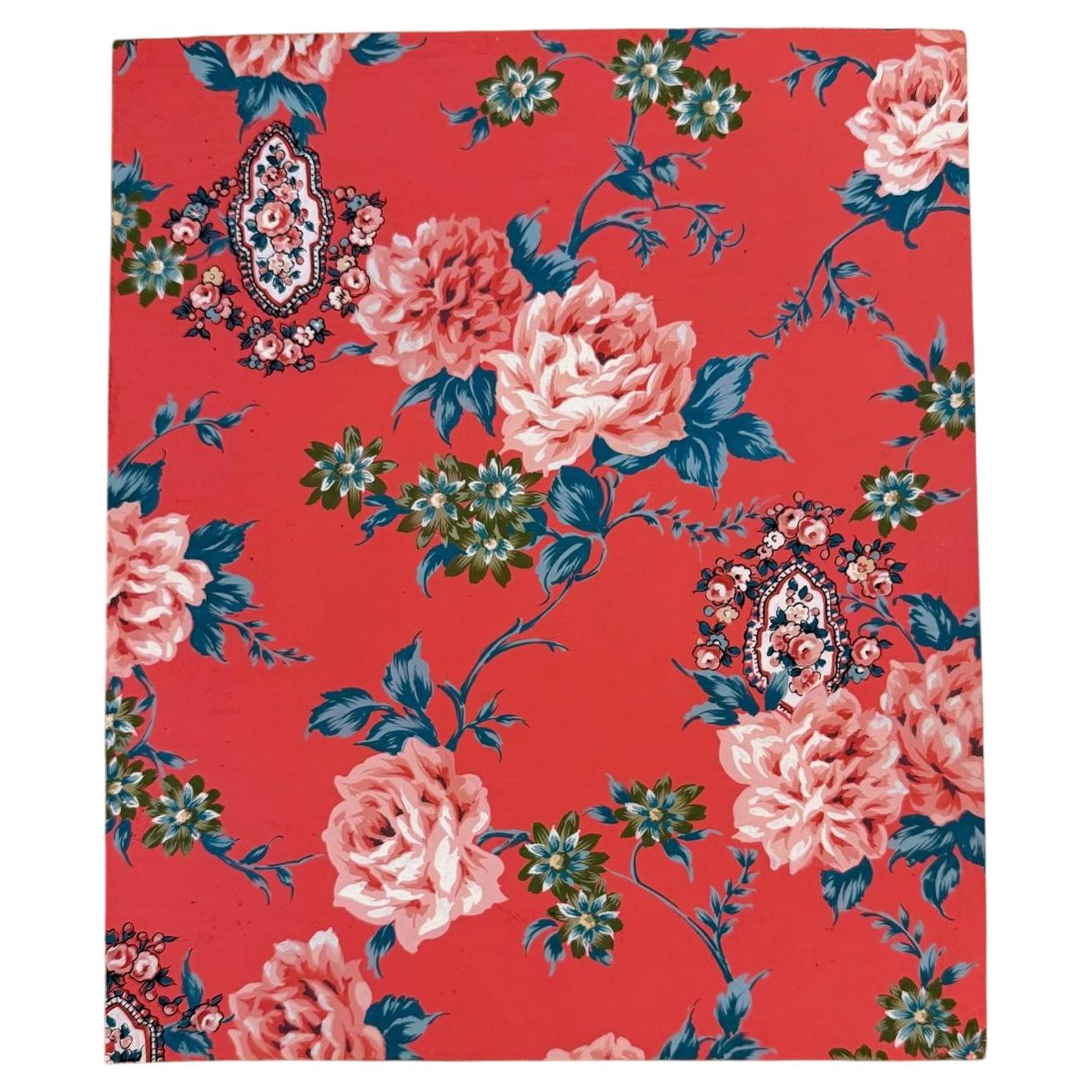 Gouache sur le thème du design textile du milieu du siècle — Motif de roses sur chintz corail en vente