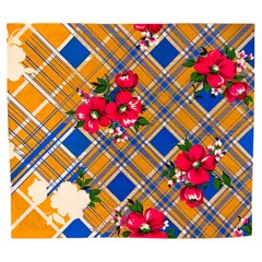 Mid-Century Textile Design Gouache — Floral Plaid Pattern in Gold & Blue