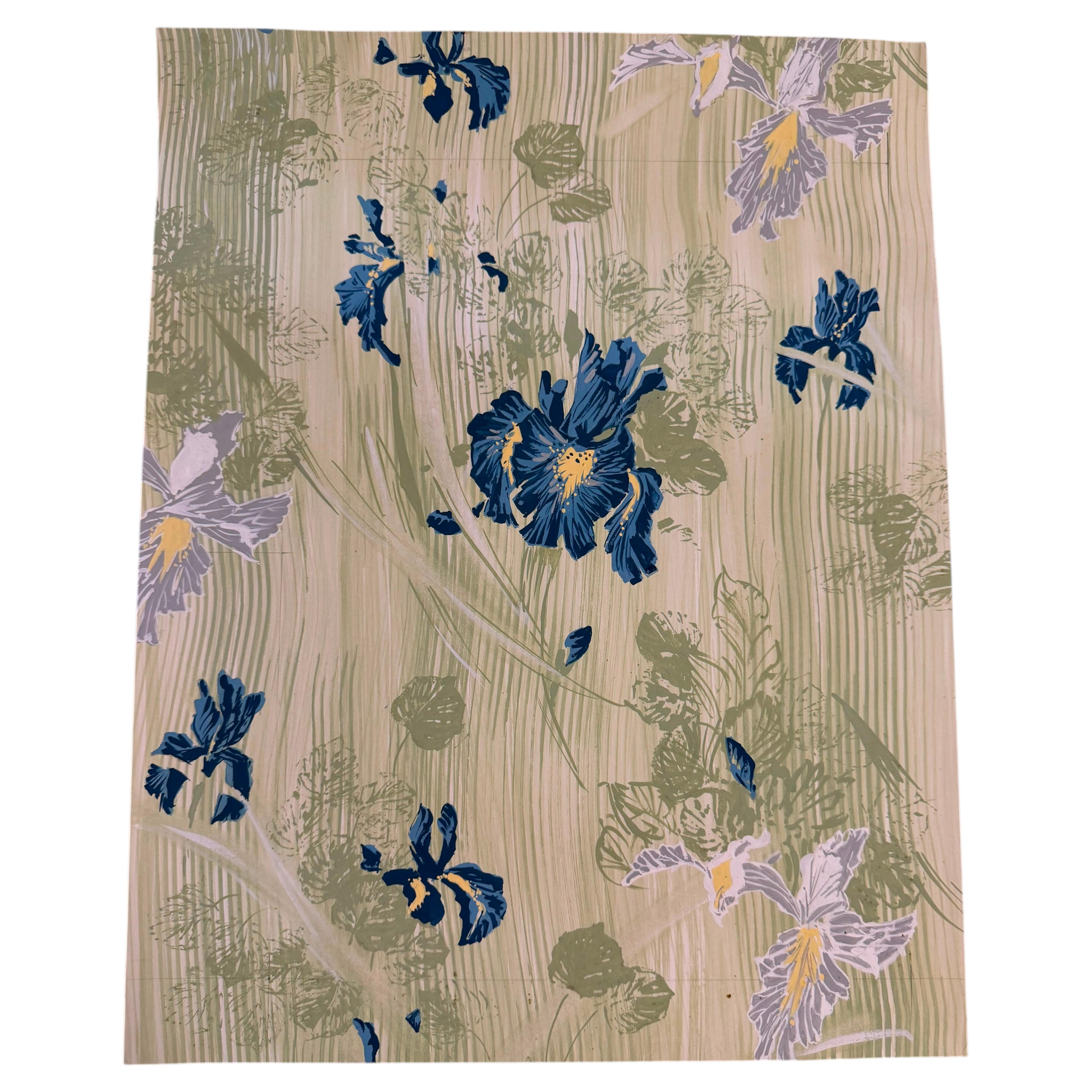 Gouache sur le thème du design textile du milieu du siècle — Motif « Iris » de style pictural sur fond sauge