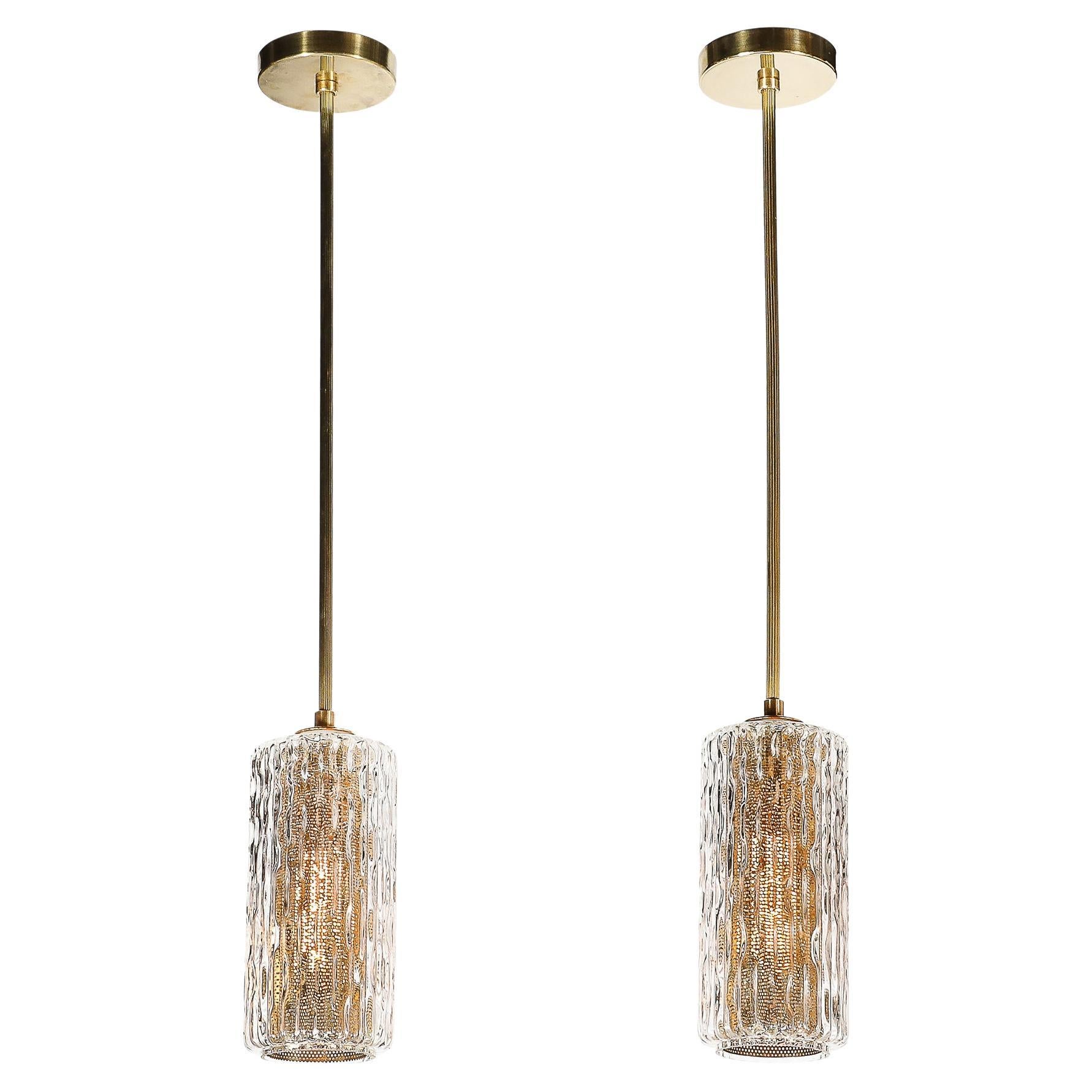 Lampadari a sospensione in vetro trasparente di metà secolo con diffusori in ottone forato
