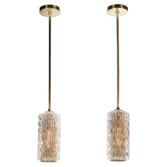 Mid-Century Textural Clear Glass Pendant Chandeliers w/ Pierced Brass Diffusers
