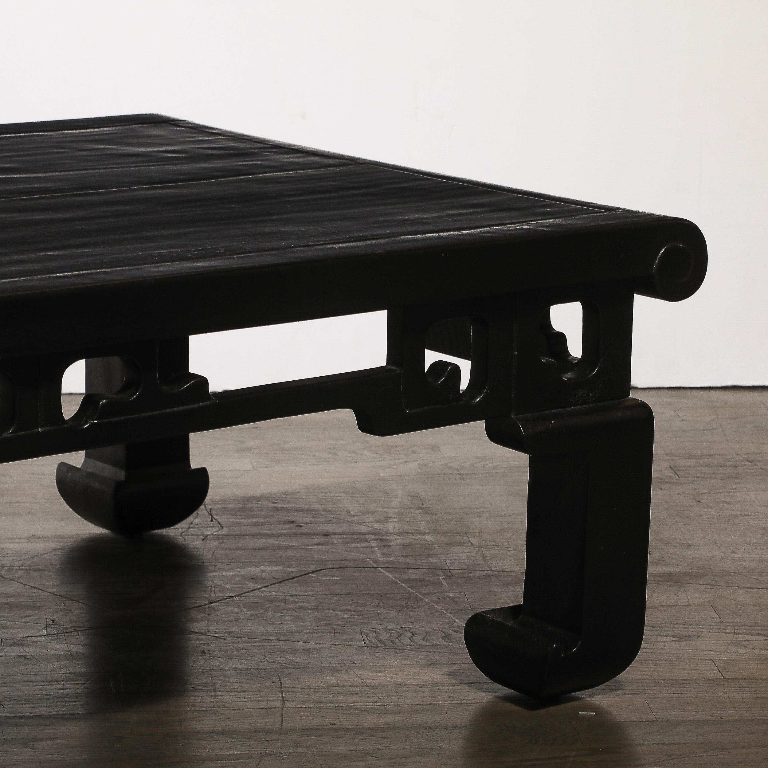 Mid-Century Textural Ebonized Walnut Cocktail Table w/ Eastern Sculptural Motif en vente 5