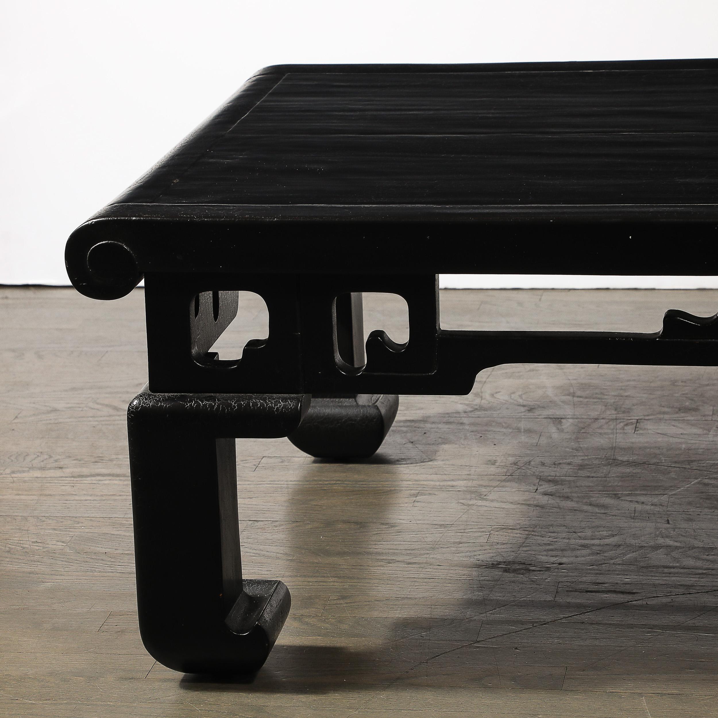 Mid-Century Modern Mid-Century Textural Ebonized Walnut Cocktail Table w/ Eastern Sculptural Motif en vente