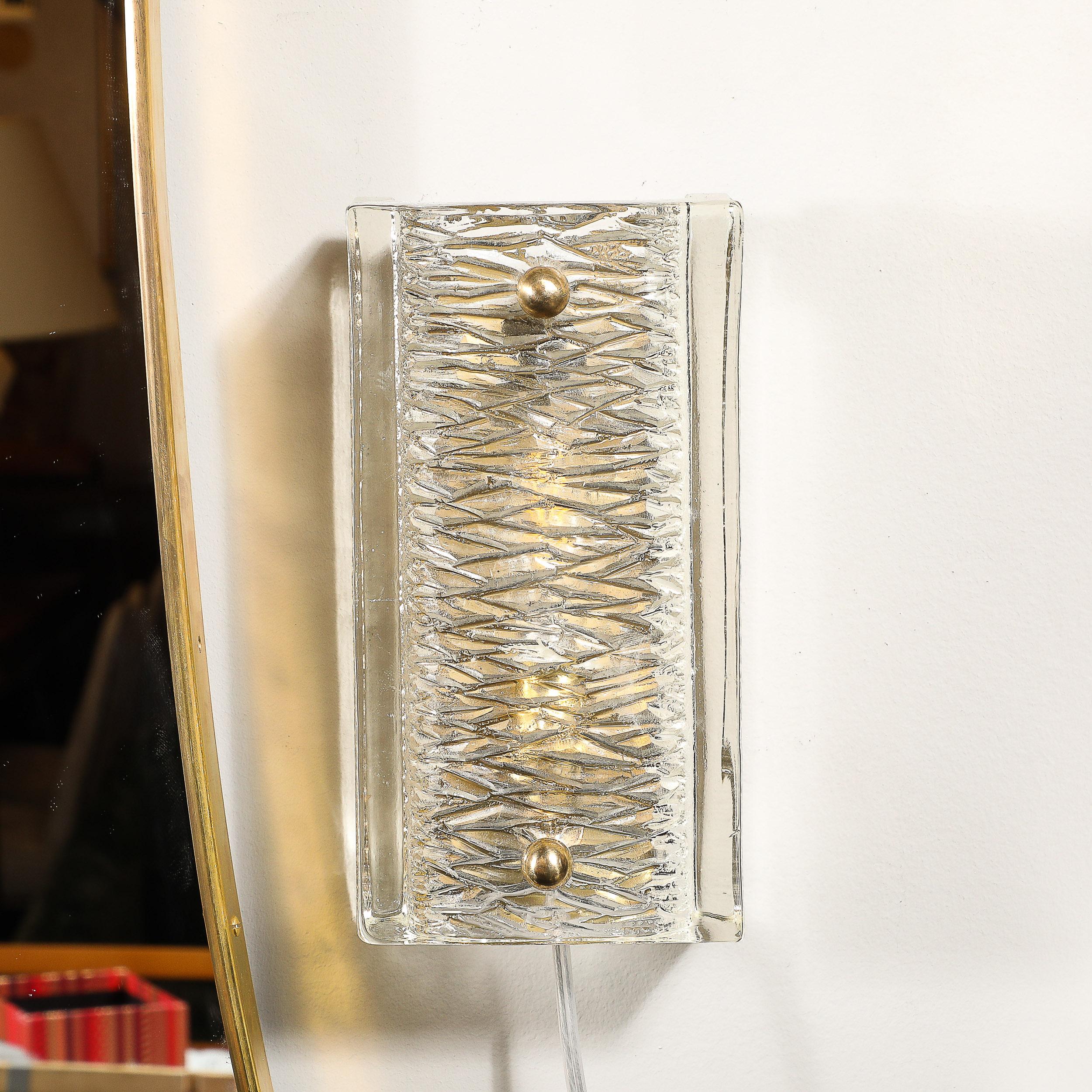 Mid-Century Textured Glass & Brass Fitted Sconces by Carl Fagerlund for Orrefors 4