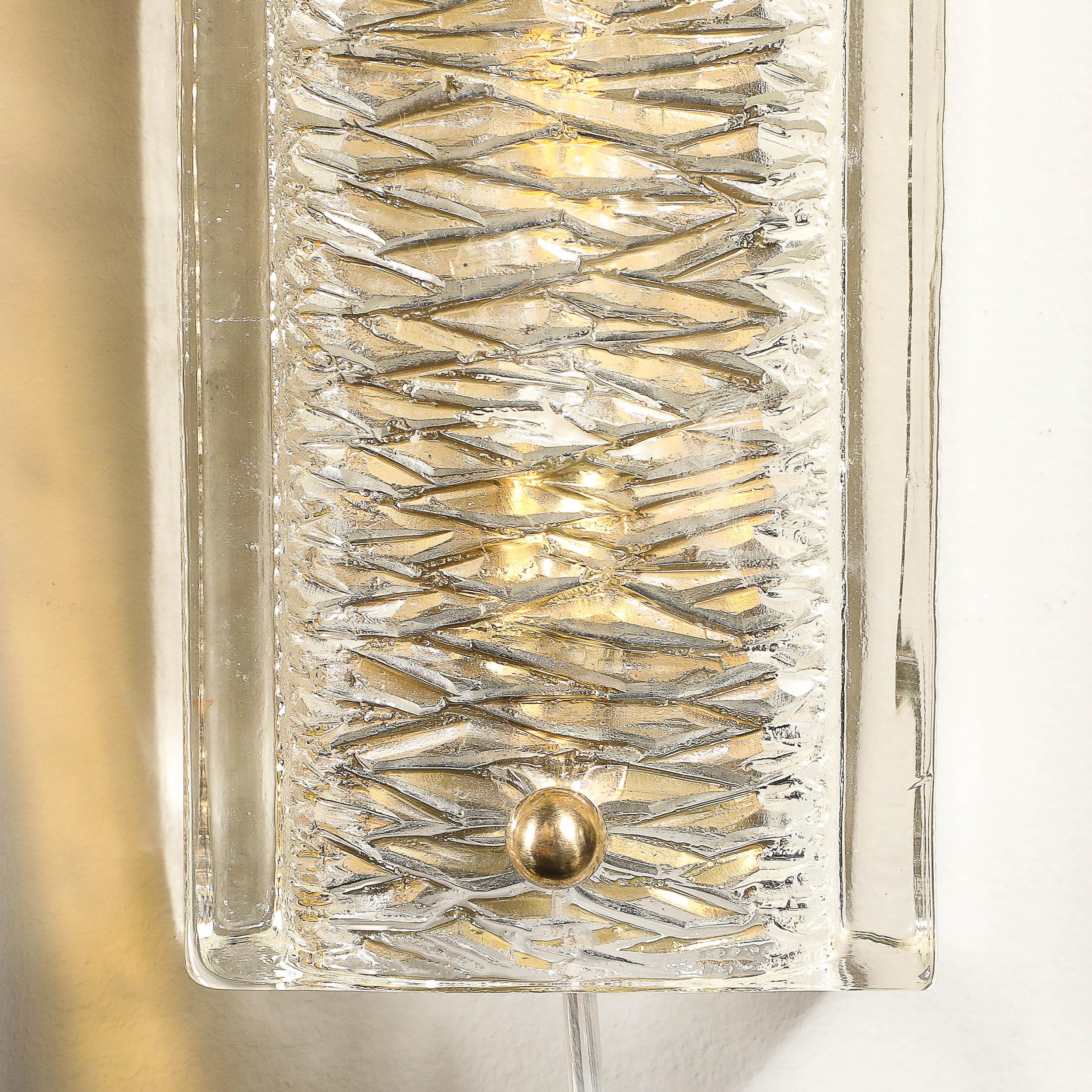 Mid-Century Textured Glass & Brass Fitted Sconces by Carl Fagerlund for Orrefors 6