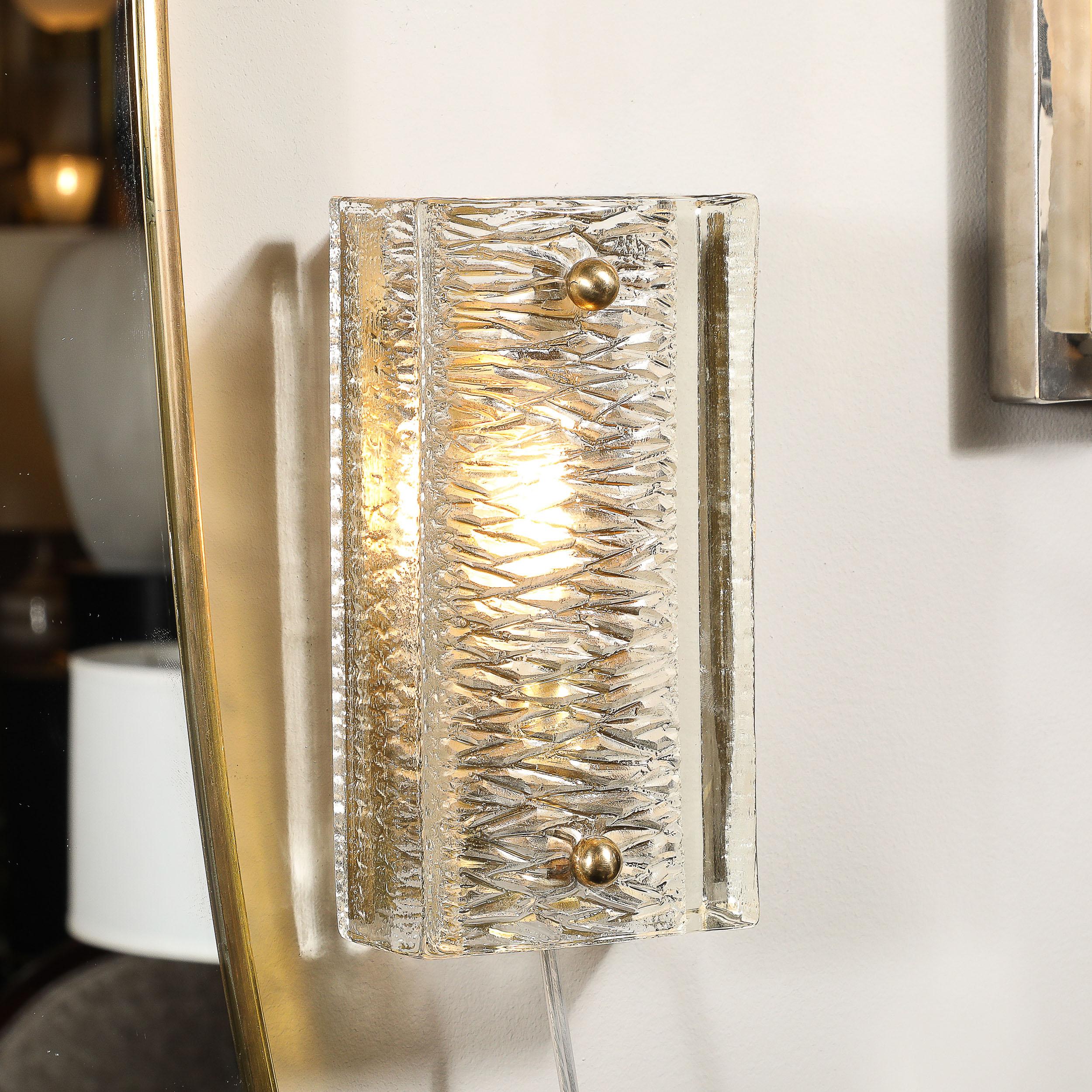 Swedish Mid-Century Textured Glass & Brass Fitted Sconces by Carl Fagerlund for Orrefors