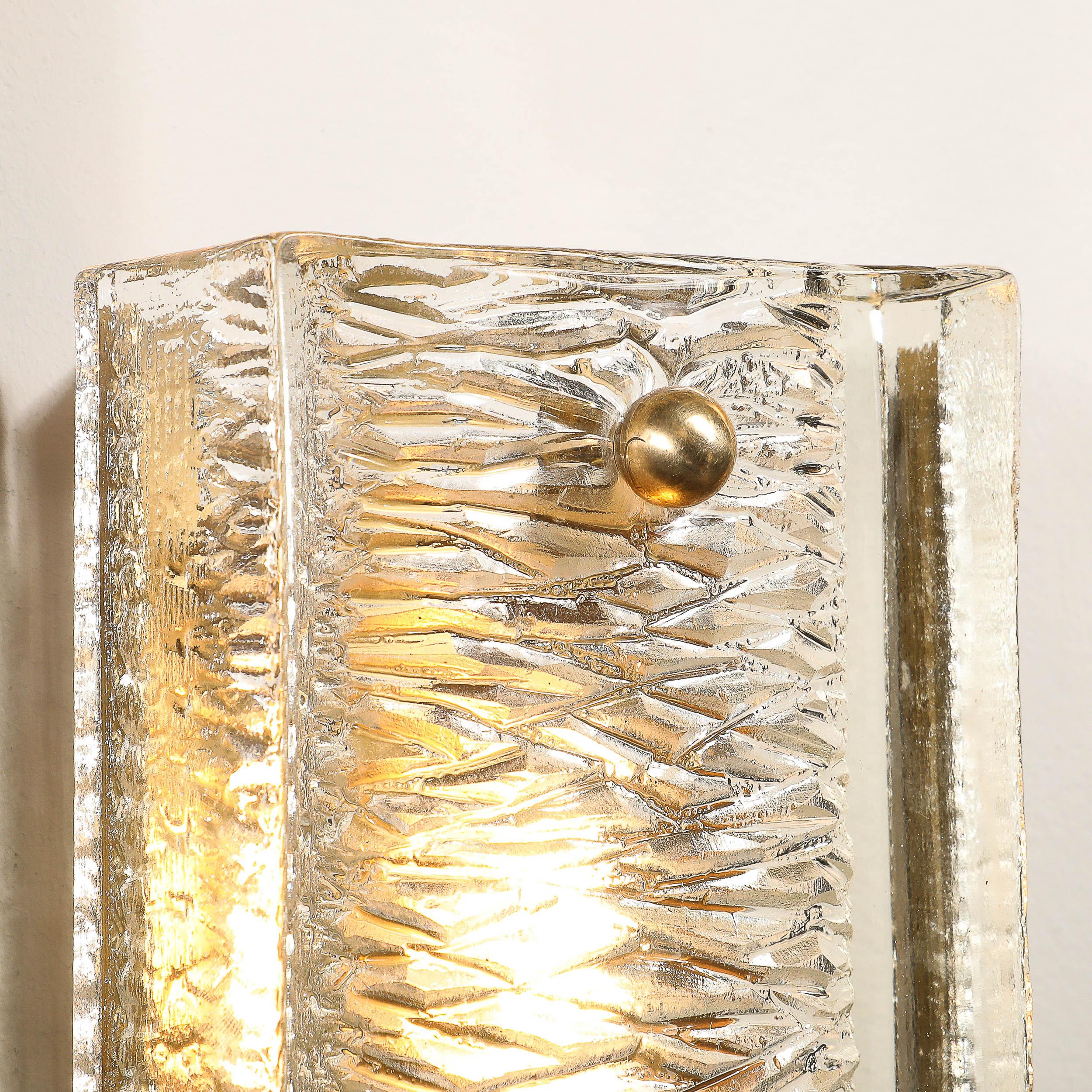 Mid-Century Textured Glass & Brass Fitted Sconces by Carl Fagerlund for Orrefors In Excellent Condition In New York, NY
