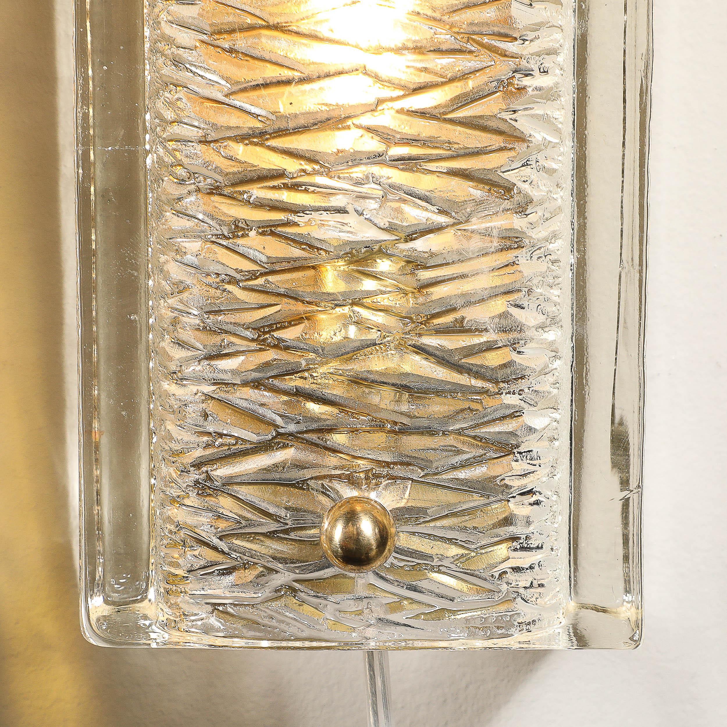 Mid-Century Textured Glass & Brass Fitted Sconces by Carl Fagerlund for Orrefors 1