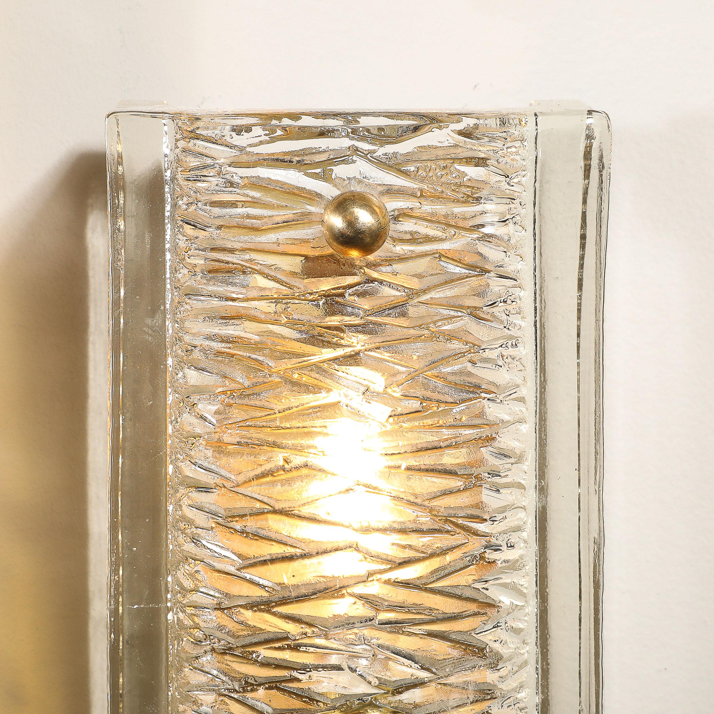 Mid-Century Textured Glass & Brass Fitted Sconces by Carl Fagerlund for Orrefors 2