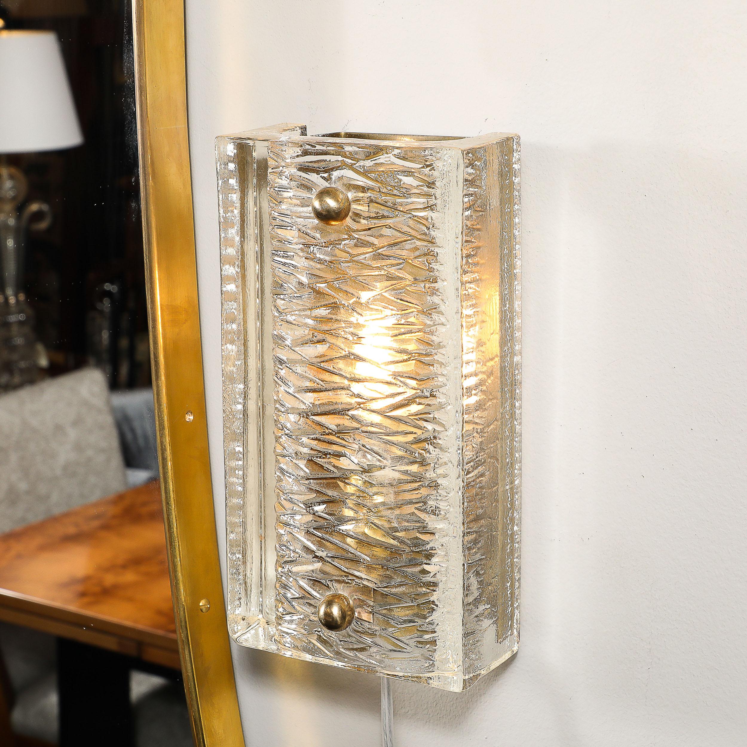 Mid-Century Textured Glass & Brass Fitted Sconces by Carl Fagerlund for Orrefors 3