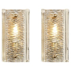 Mid-Century Textured Glass & Brass Fitted Sconces by Carl Fagerlund for Orrefors