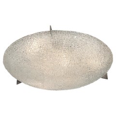 Mid-Century Textured Glass Round Flush Mount Minimal Nickel Fitted Chandelier