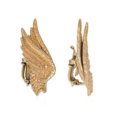 Mid-Century Textured Gold Clip Earrings in the Form of Angel Wings