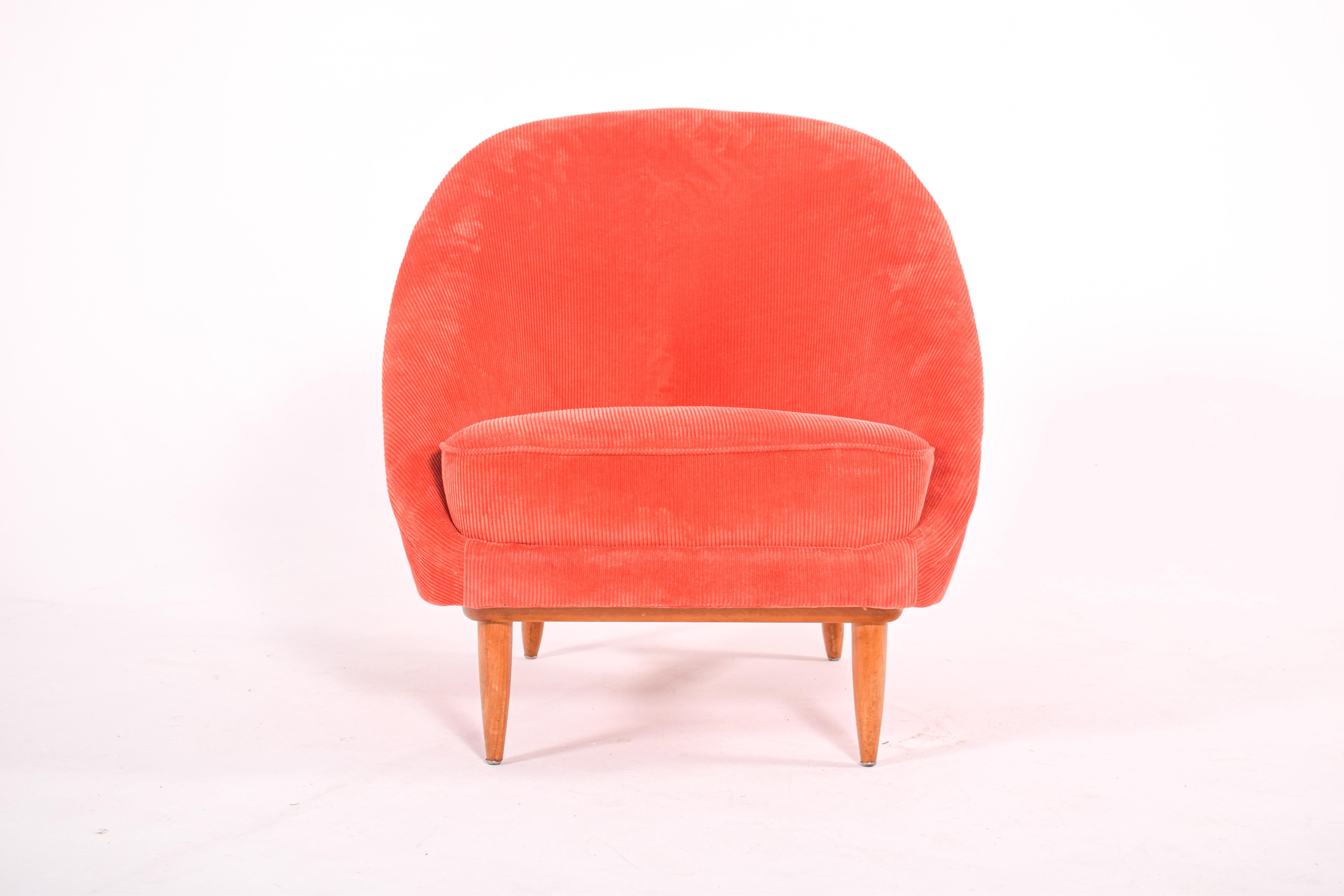 Arm chair, club chair by Theo Ruth for dutch company Artiford. Designed and produced in the 1950´s it is an elegant and original piece. 
Combines the simple design of the teak leg and back support with the vivid original velvet fabric.
