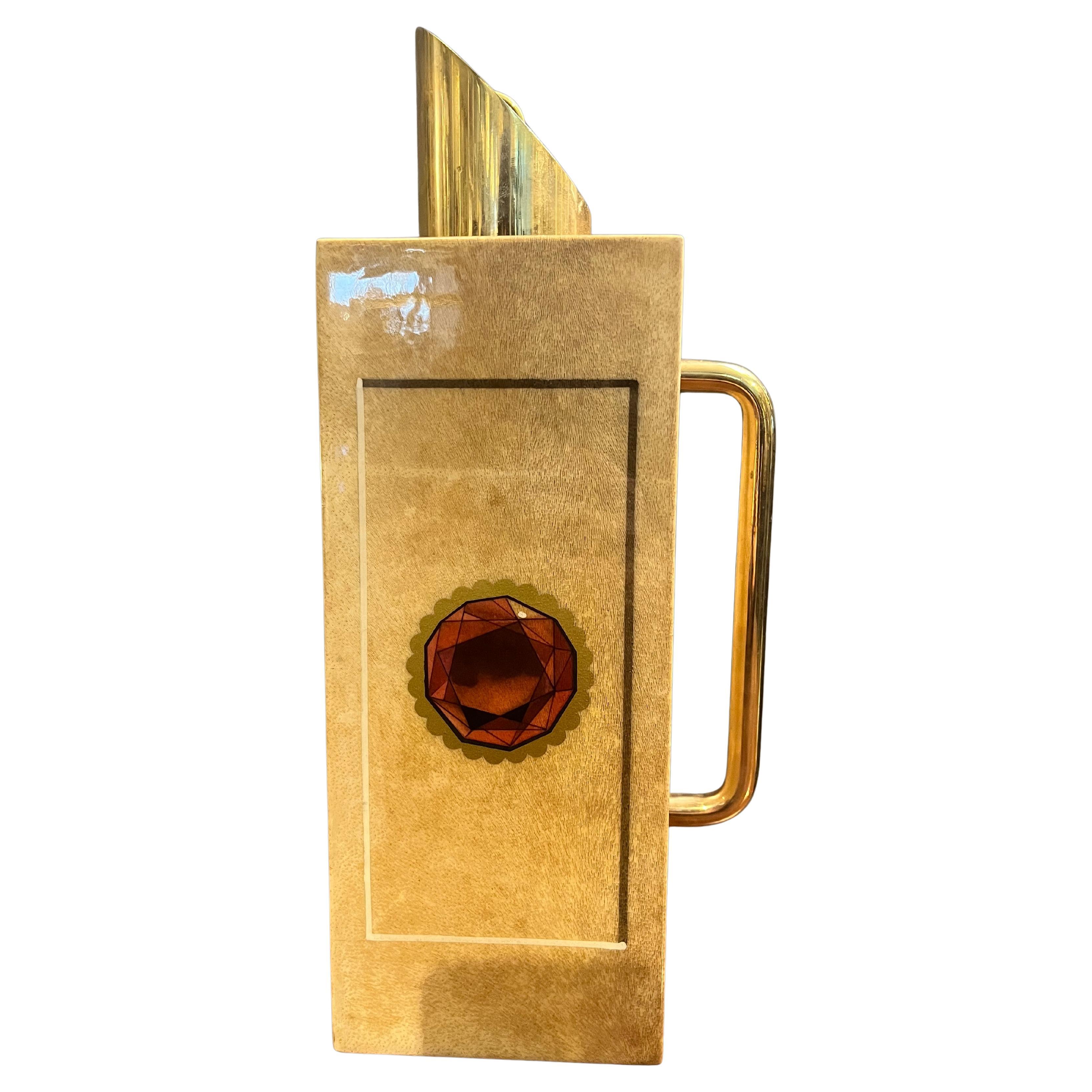 Mid-century thermal flask in brass and goatskin by Aldo Tura