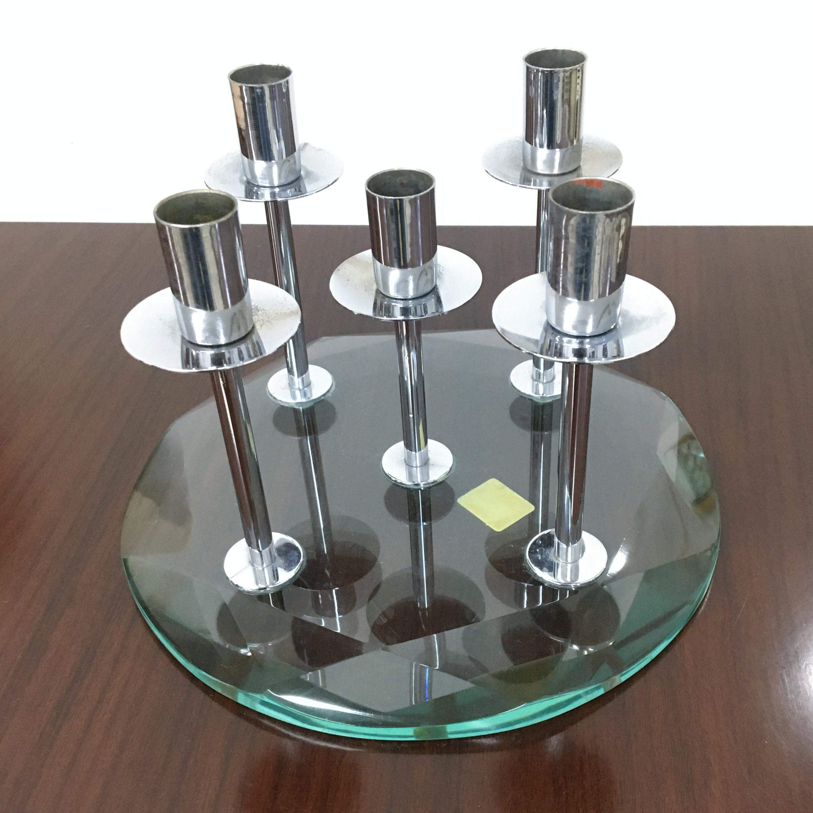 Mid-Century Thick Glass and Chromed Brass Fontana Arte Candelabra, 1960s In Good Condition In Palermo, IT