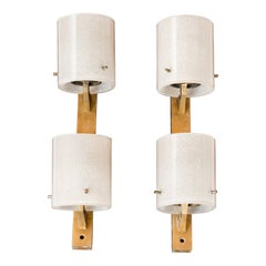Mid Century Thick Glass Shades & Brass Double Lights Sconces - Italy 1960's