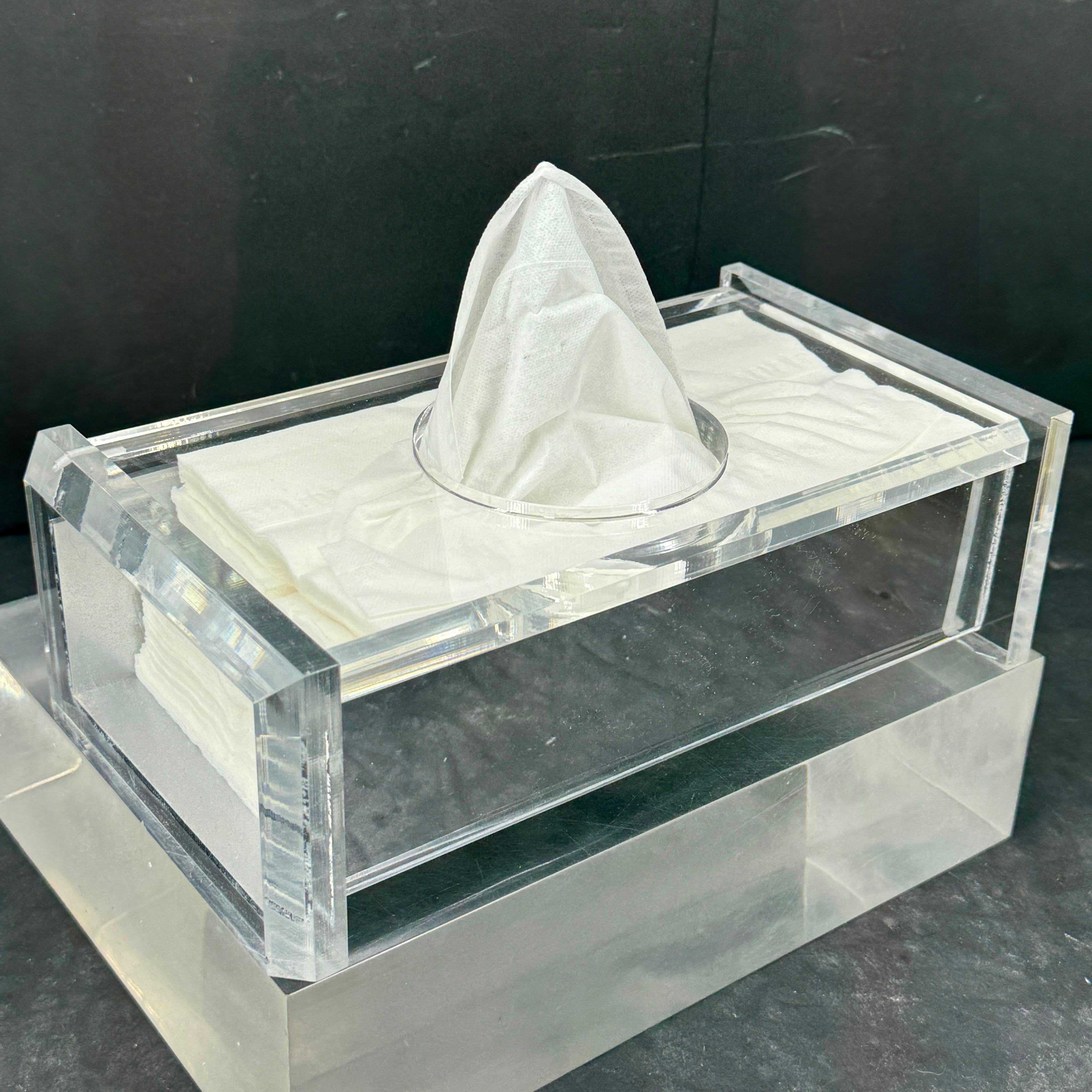 Mid-Century Thick Lucite Mirrorred Tissue Box Holder For Sale 3