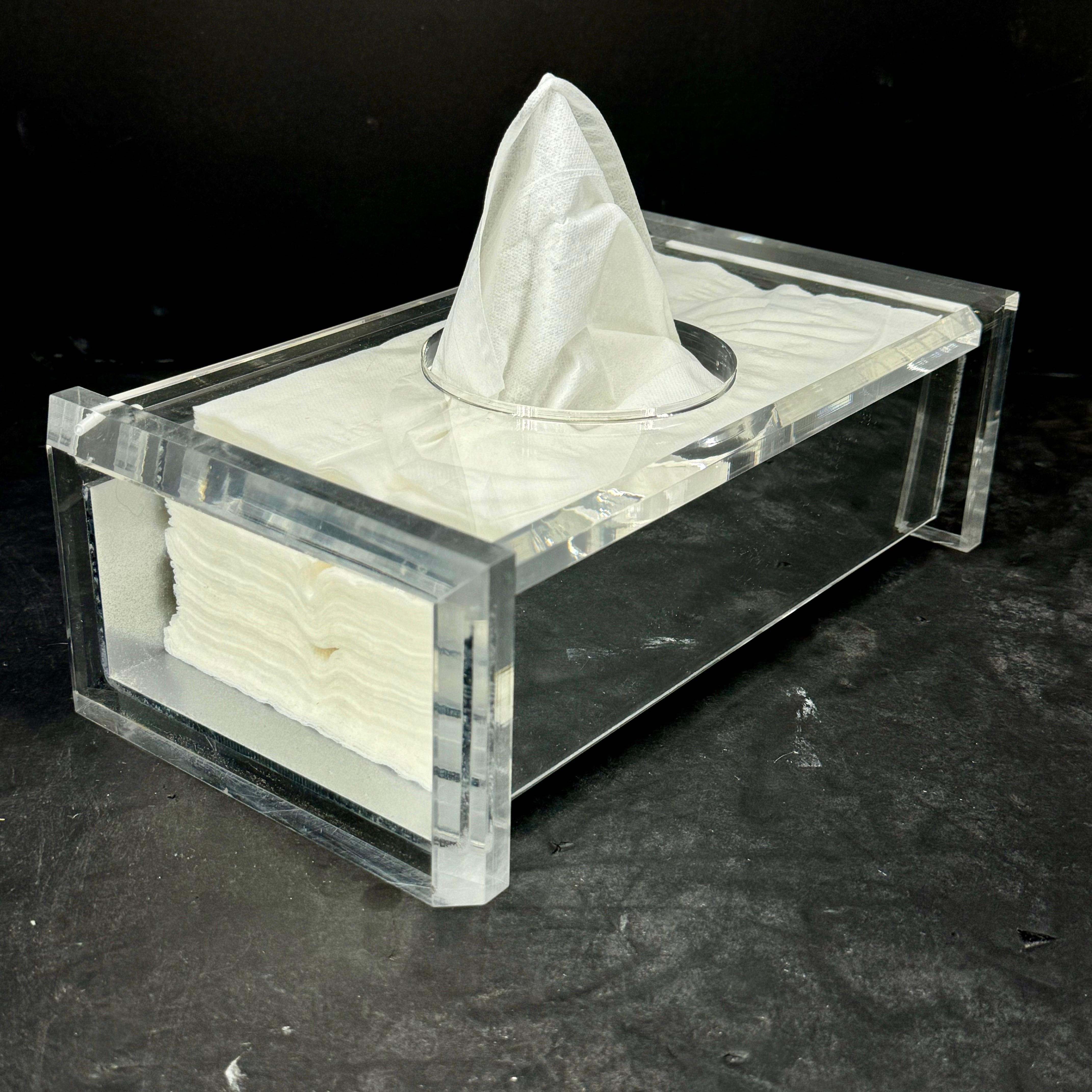 Mid-Century Thick Lucite Mirrorred Tissue Box Holder For Sale 4