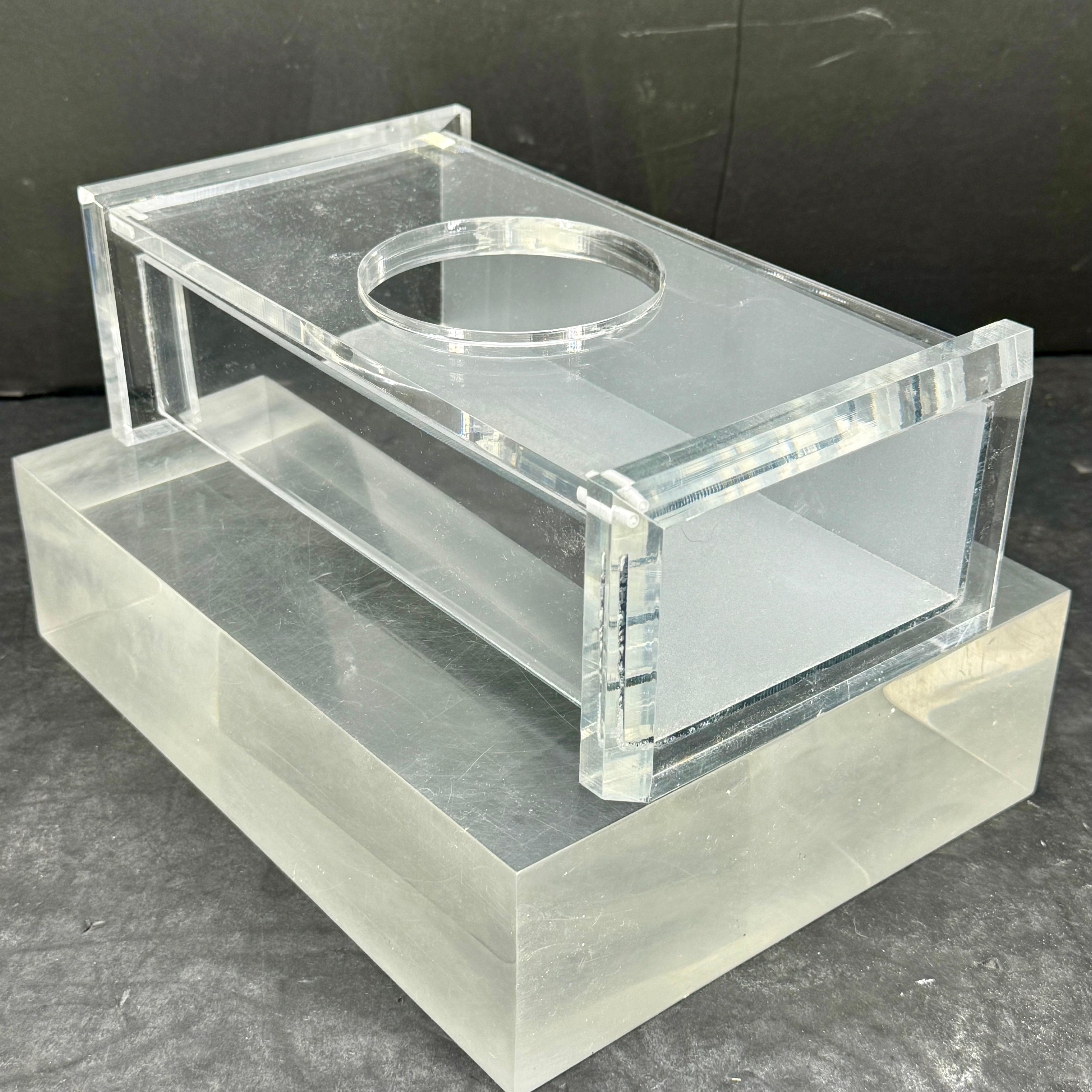 MCM Kleenex rectangular tissue holder in thick lucite with mirrored glass side panels. Finely made, this box is durable and provides necessary function with beauty. Fits standard size tissue boxes. 