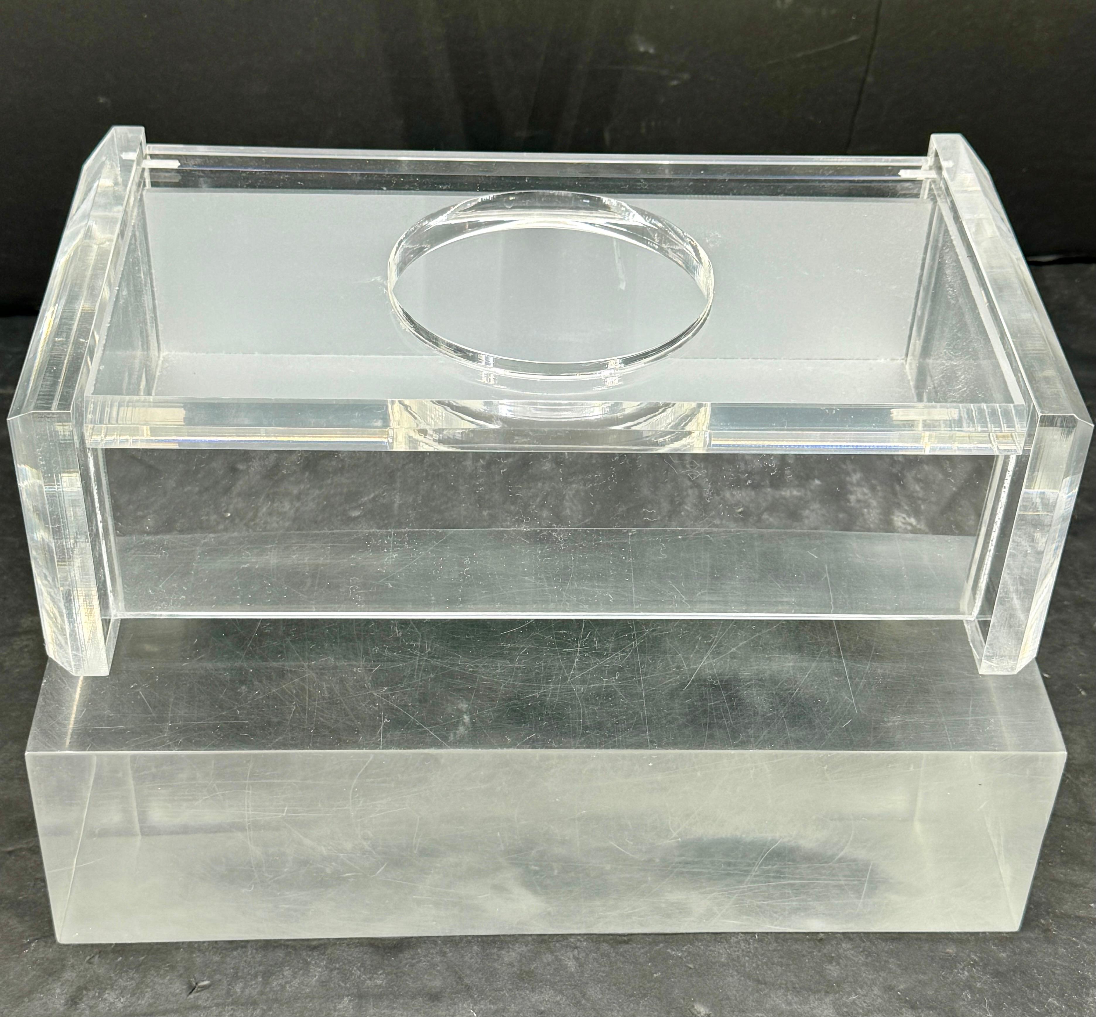 American Mid-Century Thick Lucite Mirrorred Tissue Box Holder For Sale