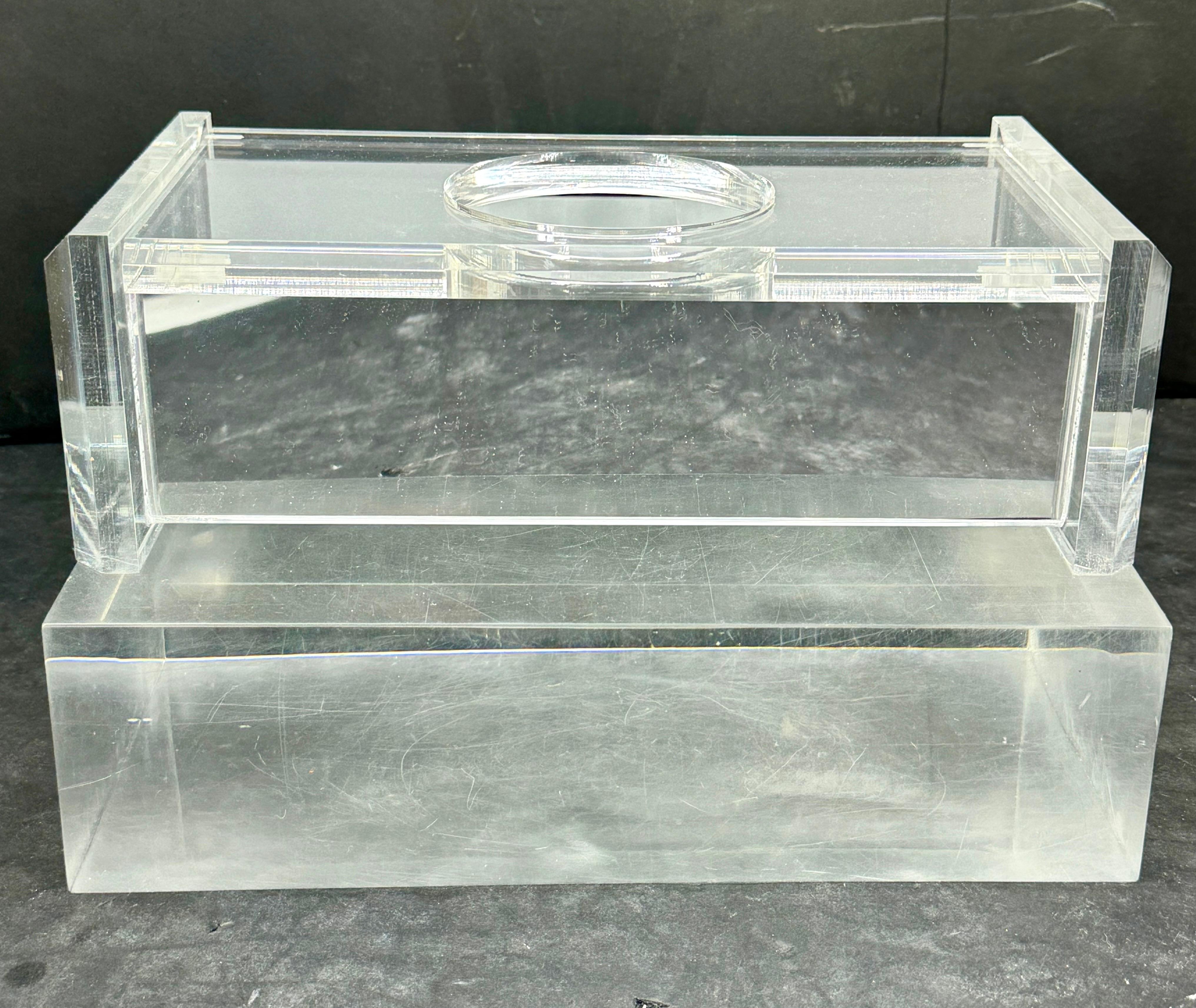 Hand-Crafted Mid-Century Thick Lucite Mirrorred Tissue Box Holder For Sale