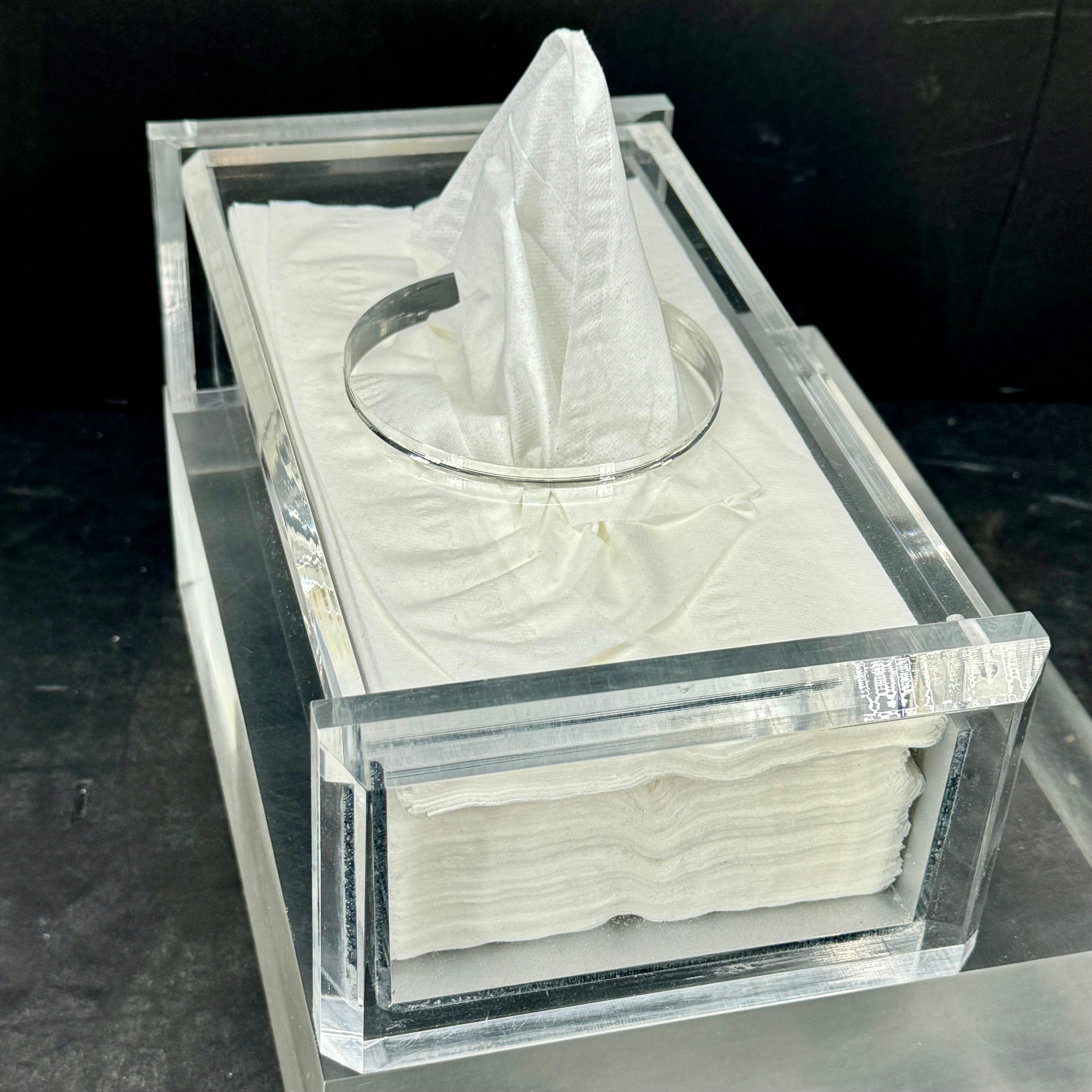 Mid-Century Thick Lucite Mirrorred Tissue Box Holder For Sale 2