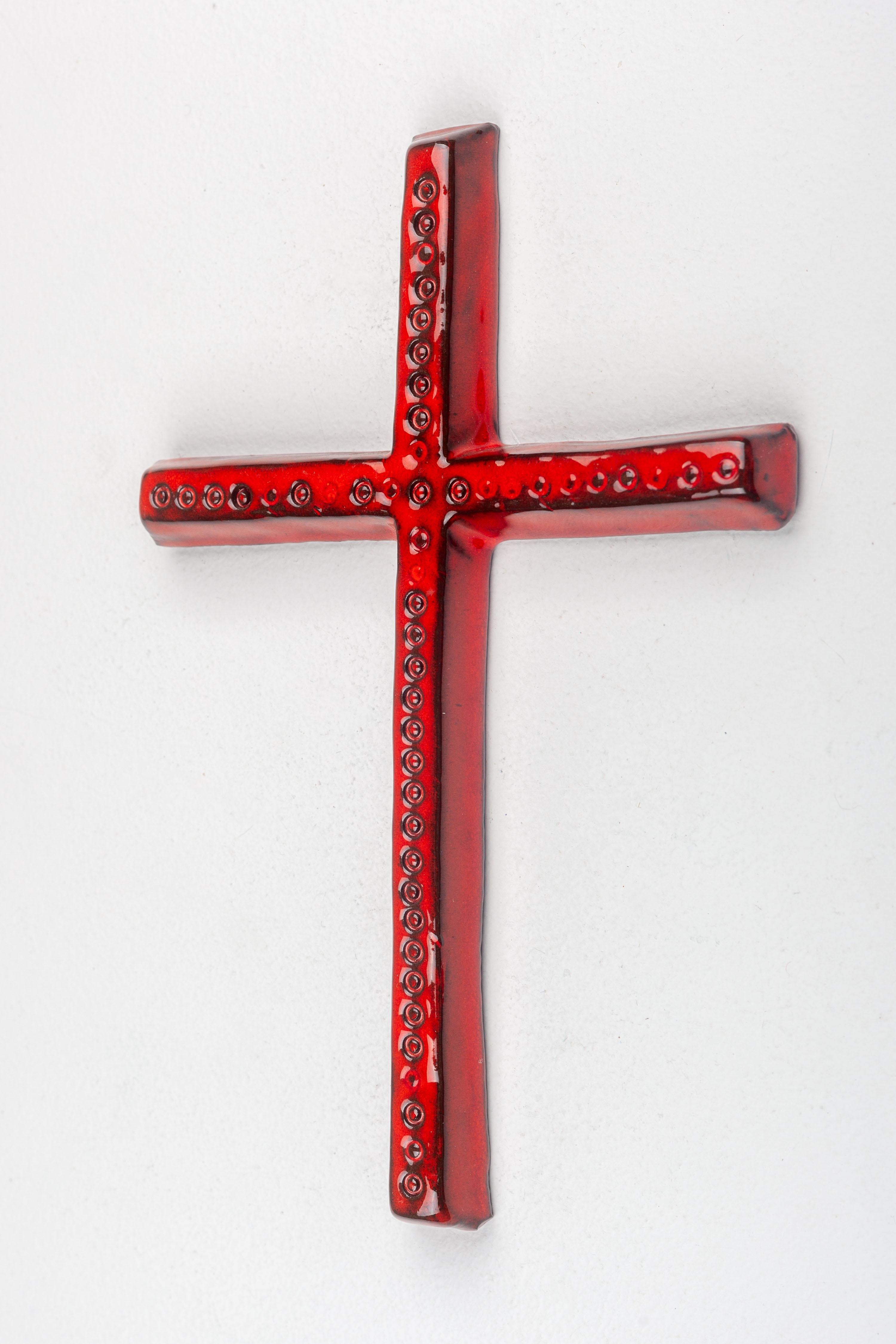 Mid Century Thin Glossy Red Ceramic Wall Cross with Embossed Circles Pattern For Sale 3