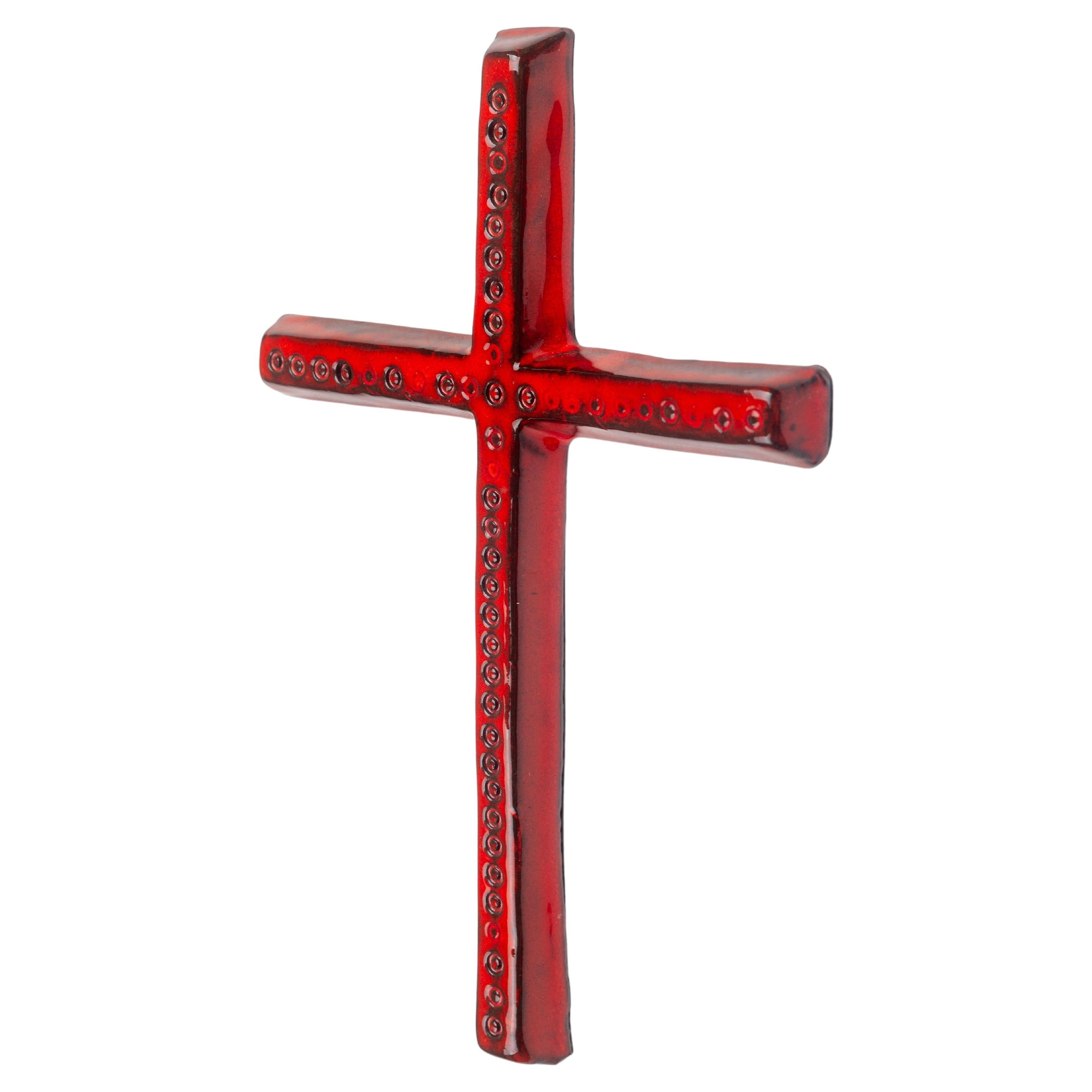 Mid Century Thin Glossy Red Ceramic Wall Cross with Embossed Circles Pattern For Sale