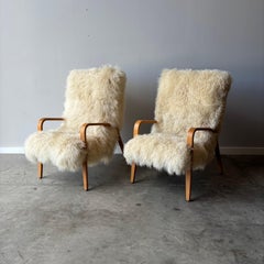 Mid Century Thonet Armchairs with Sheepskin Upholstery, a Pair