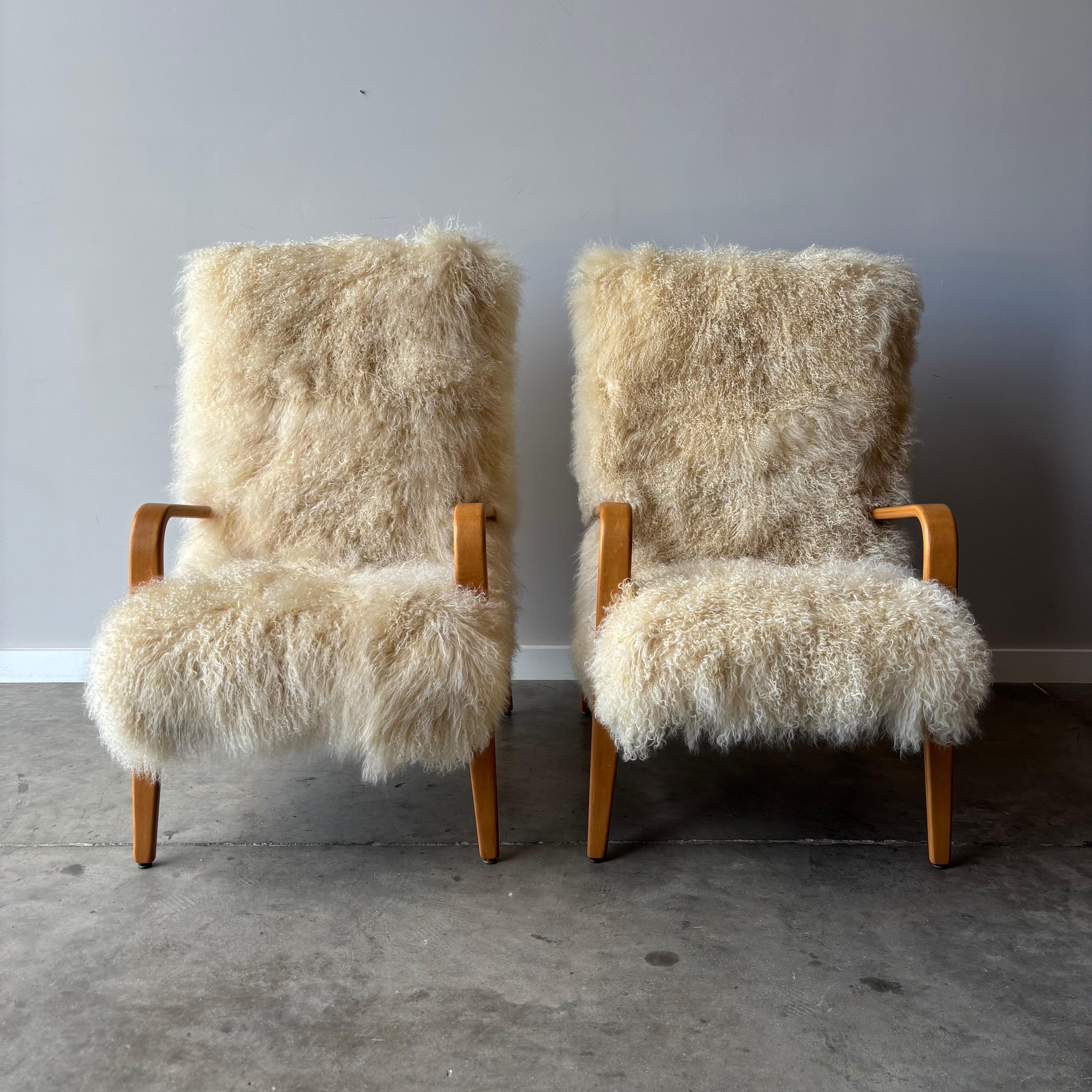 Mid-Century Modern Mid Century Thonet Armchairs with Sheepskin Upholstery, a Pair For Sale