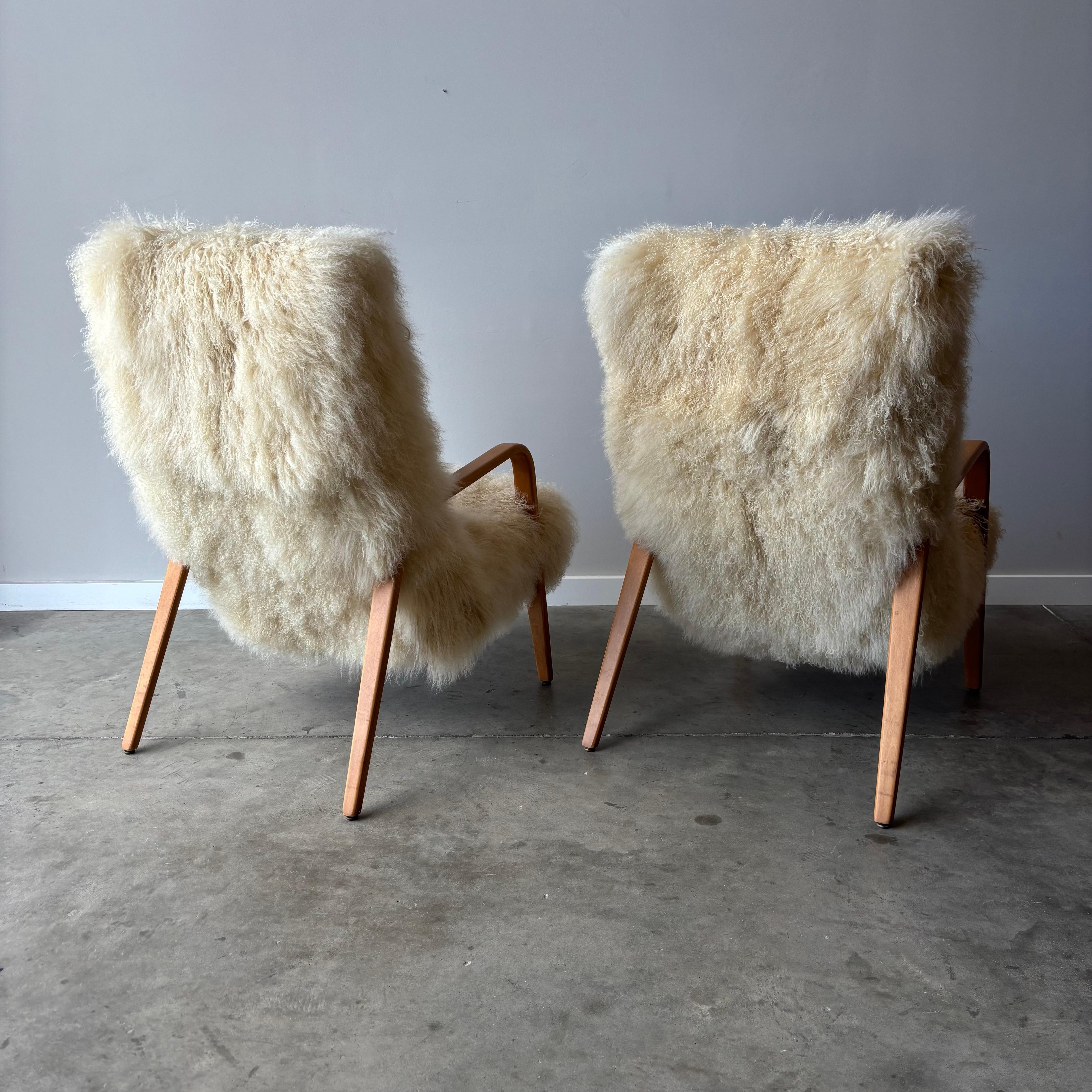 20th Century Mid Century Thonet Armchairs with Sheepskin Upholstery, a Pair For Sale