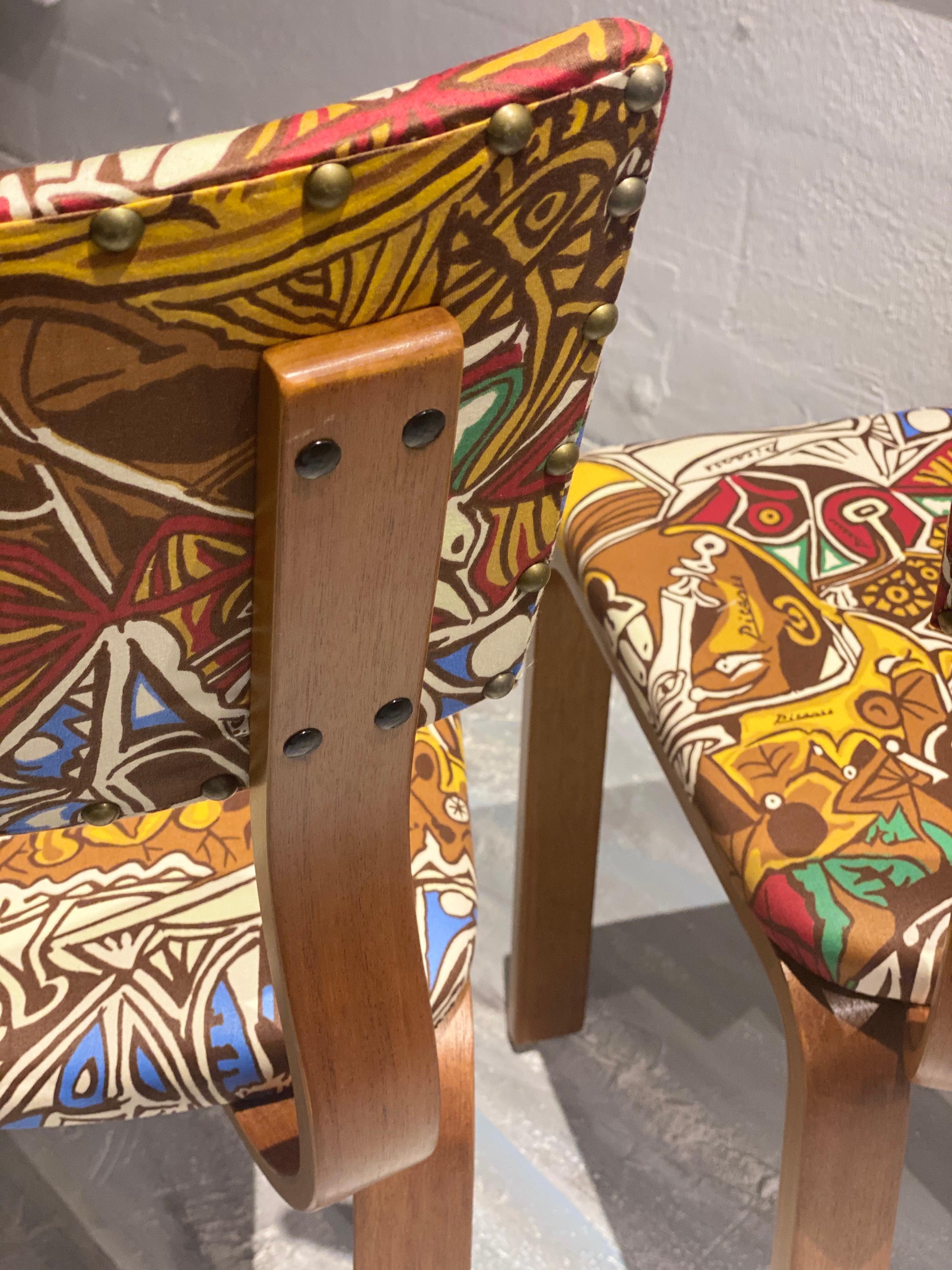 Mid-20th Century Midcentury Thonet Bentwood Side Chairs with Pablo Picasso LTD Edition Fabric For Sale