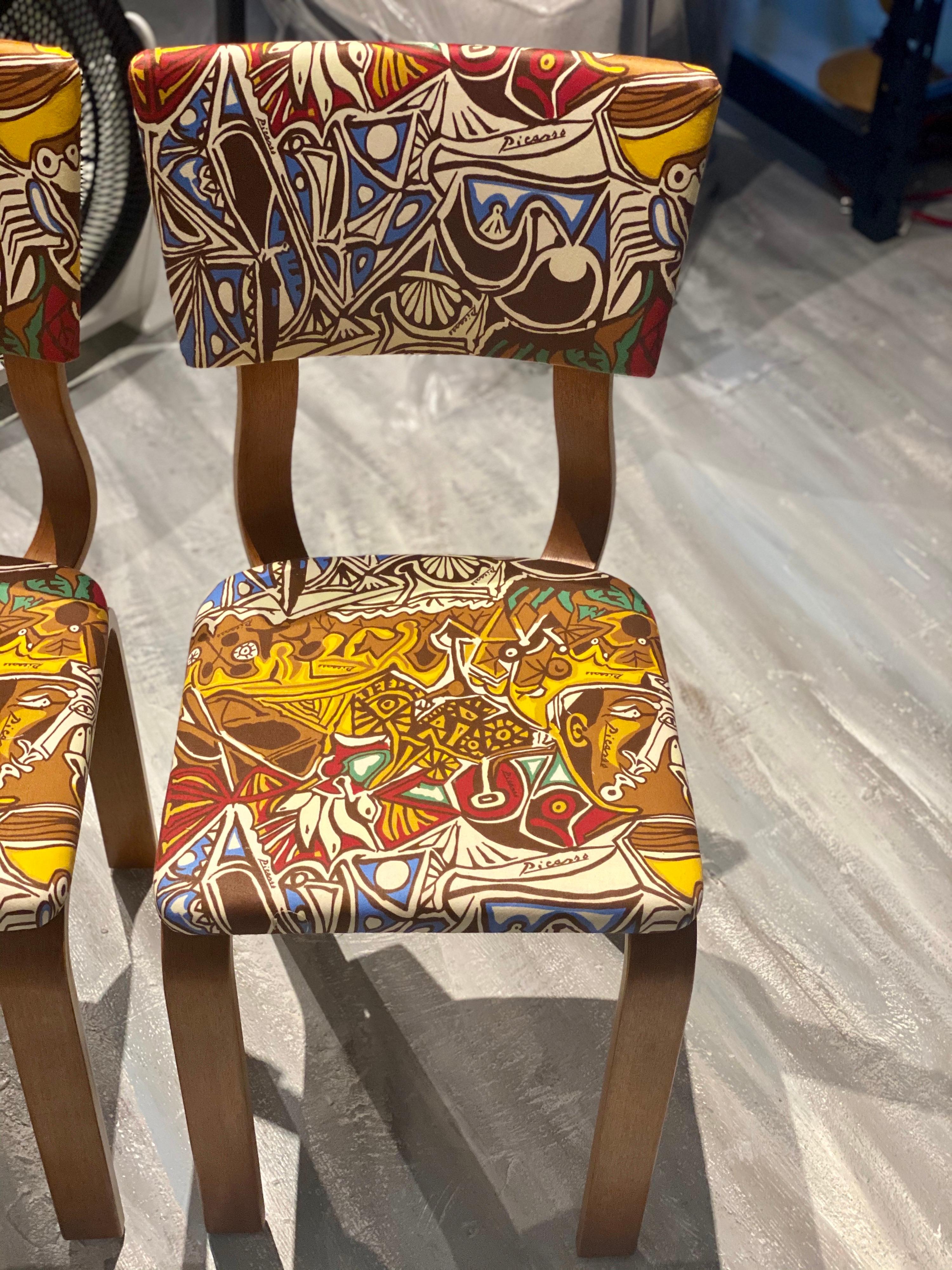 Midcentury Thonet Bentwood Side Chairs with Pablo Picasso LTD Edition Fabric For Sale 2