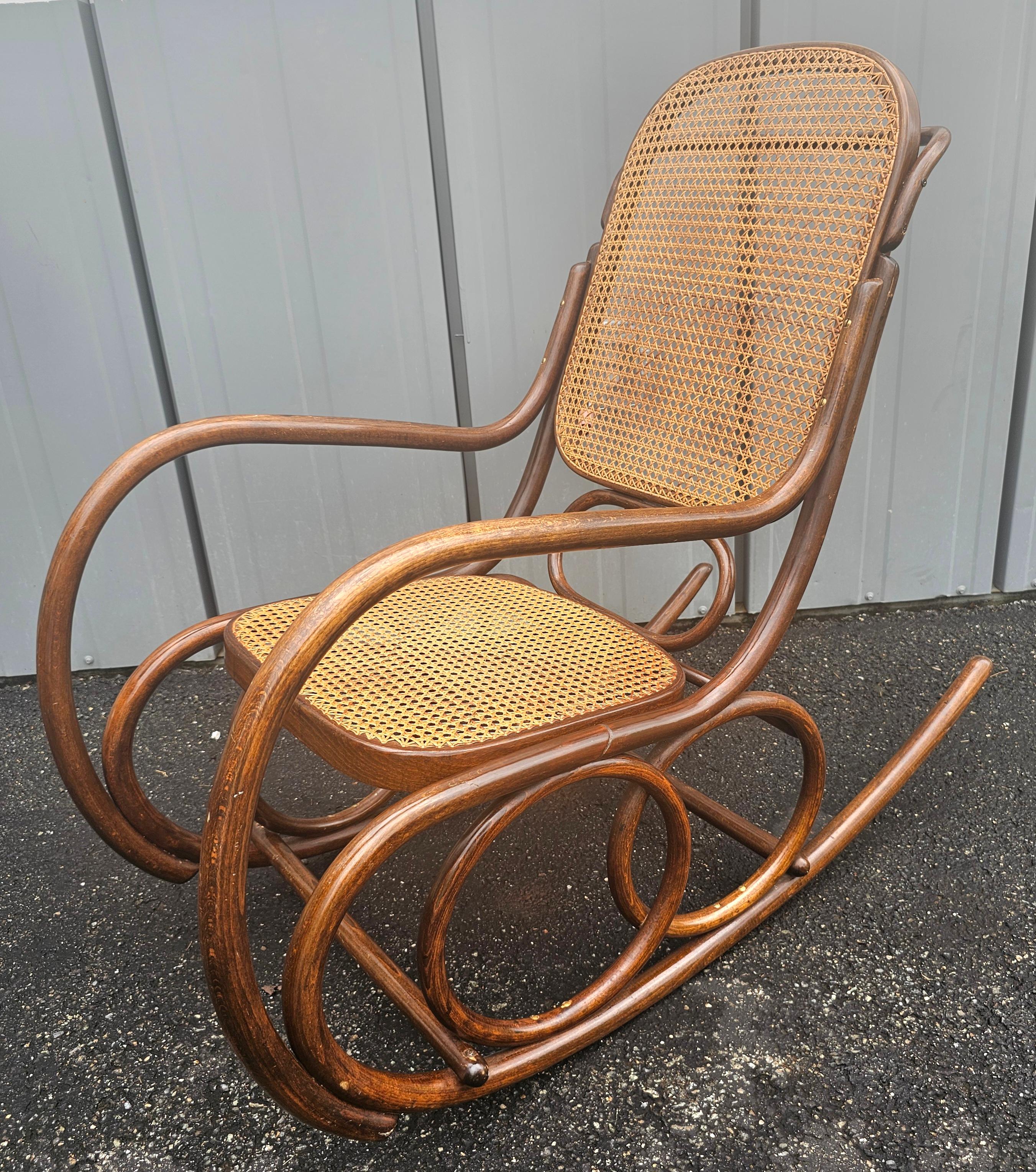 Mid Century Thonet No 10 Bentwood and Cane Rocker w/ Rose Damask Velvet Cushions For Sale 3