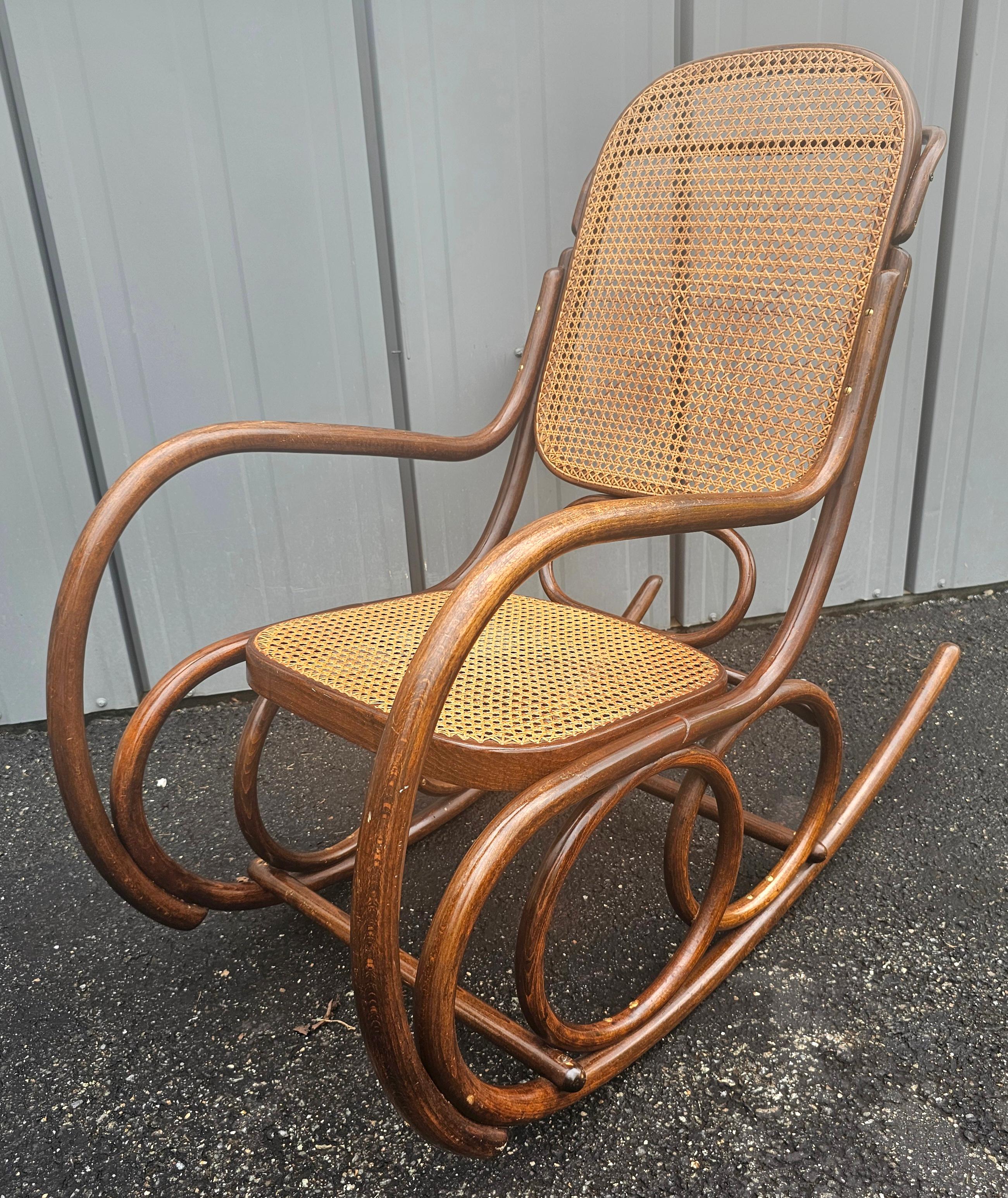 Mid Century Thonet No 10 Bentwood and Cane Rocker w/ Rose Damask Velvet Cushions For Sale 4