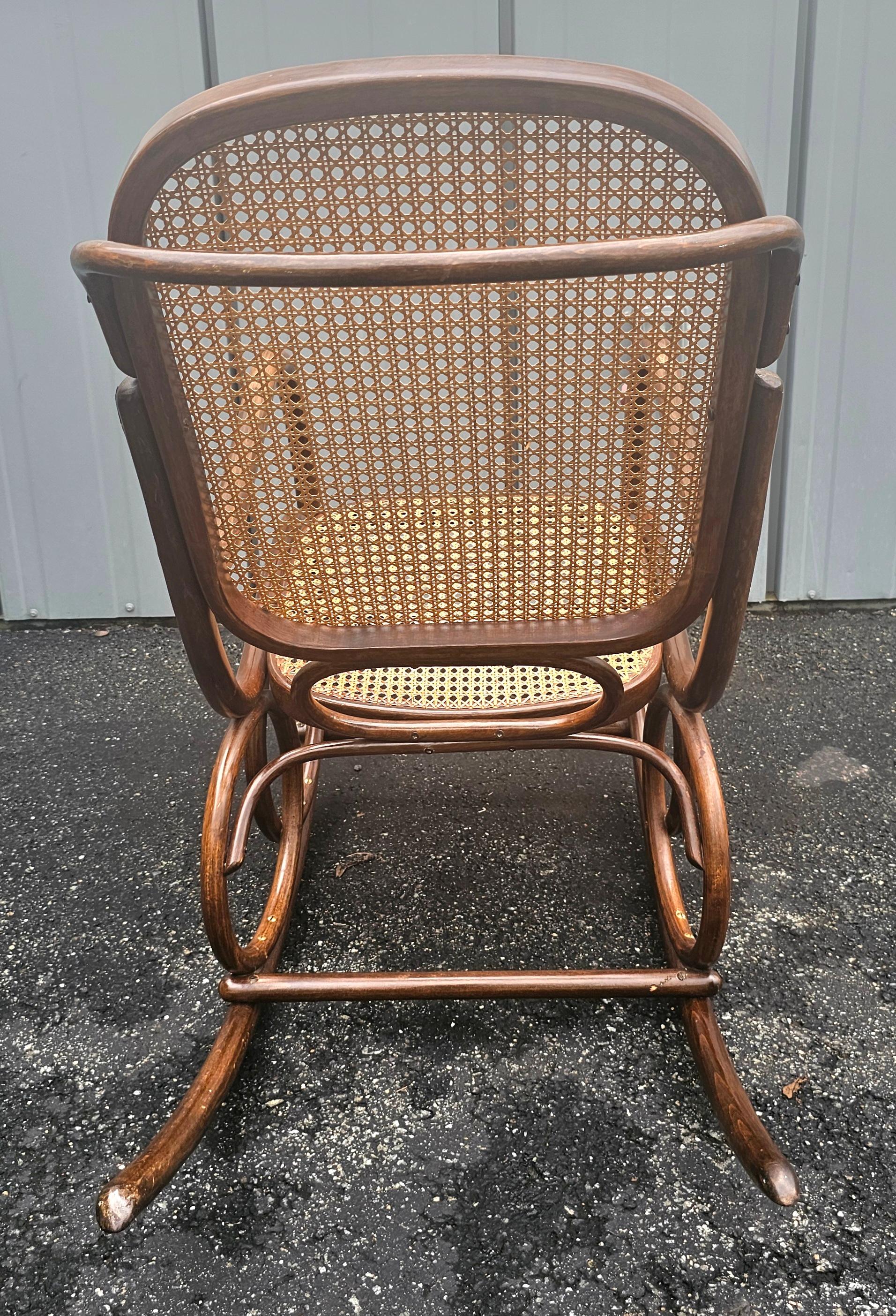 Mid Century Thonet No 10 Bentwood and Cane Rocker w/ Rose Damask Velvet Cushions For Sale 5