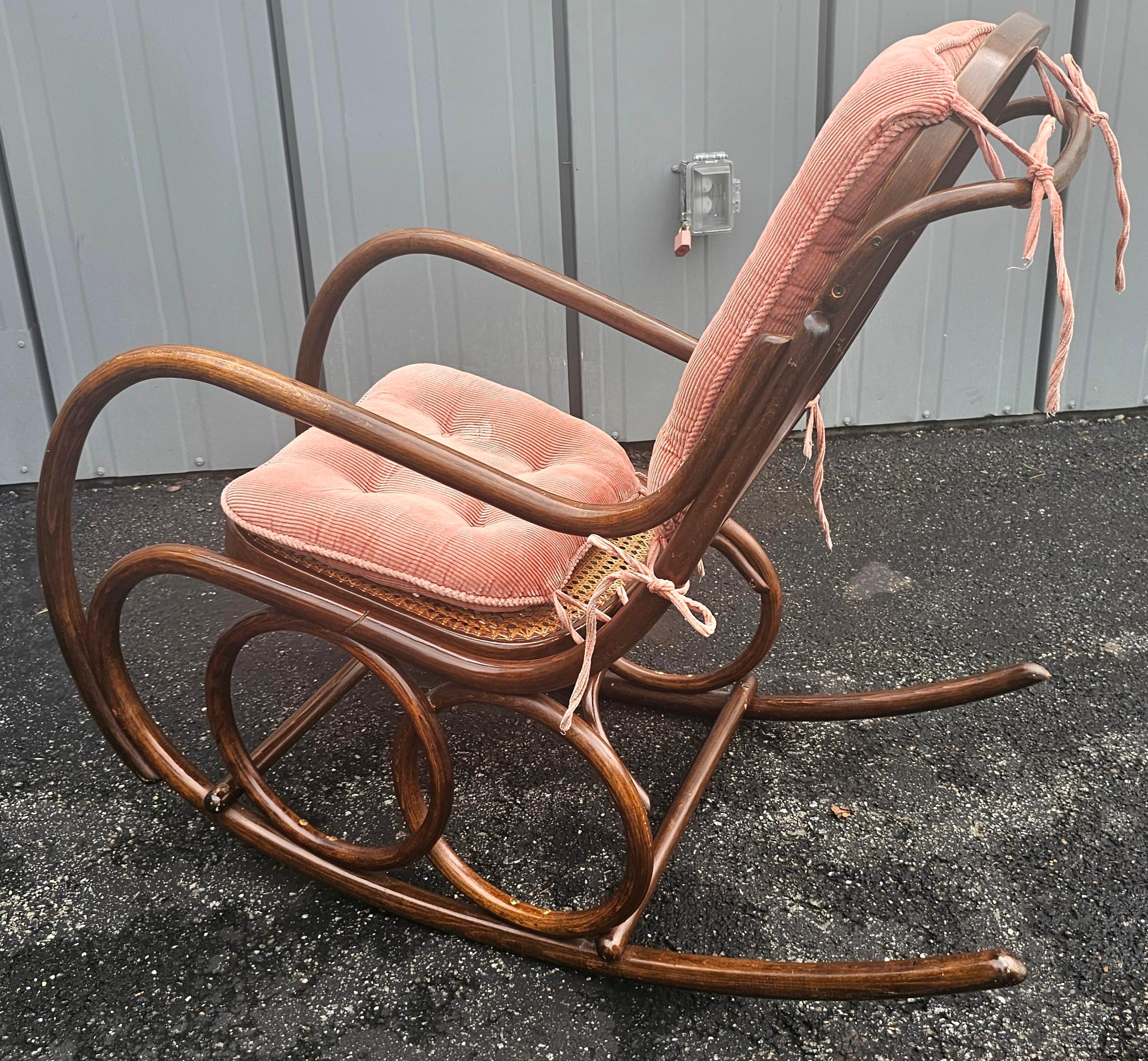 Mid Century Thonet No 10 Bentwood and Cane Rocker w/ Rose Damask Velvet Cushions For Sale 6