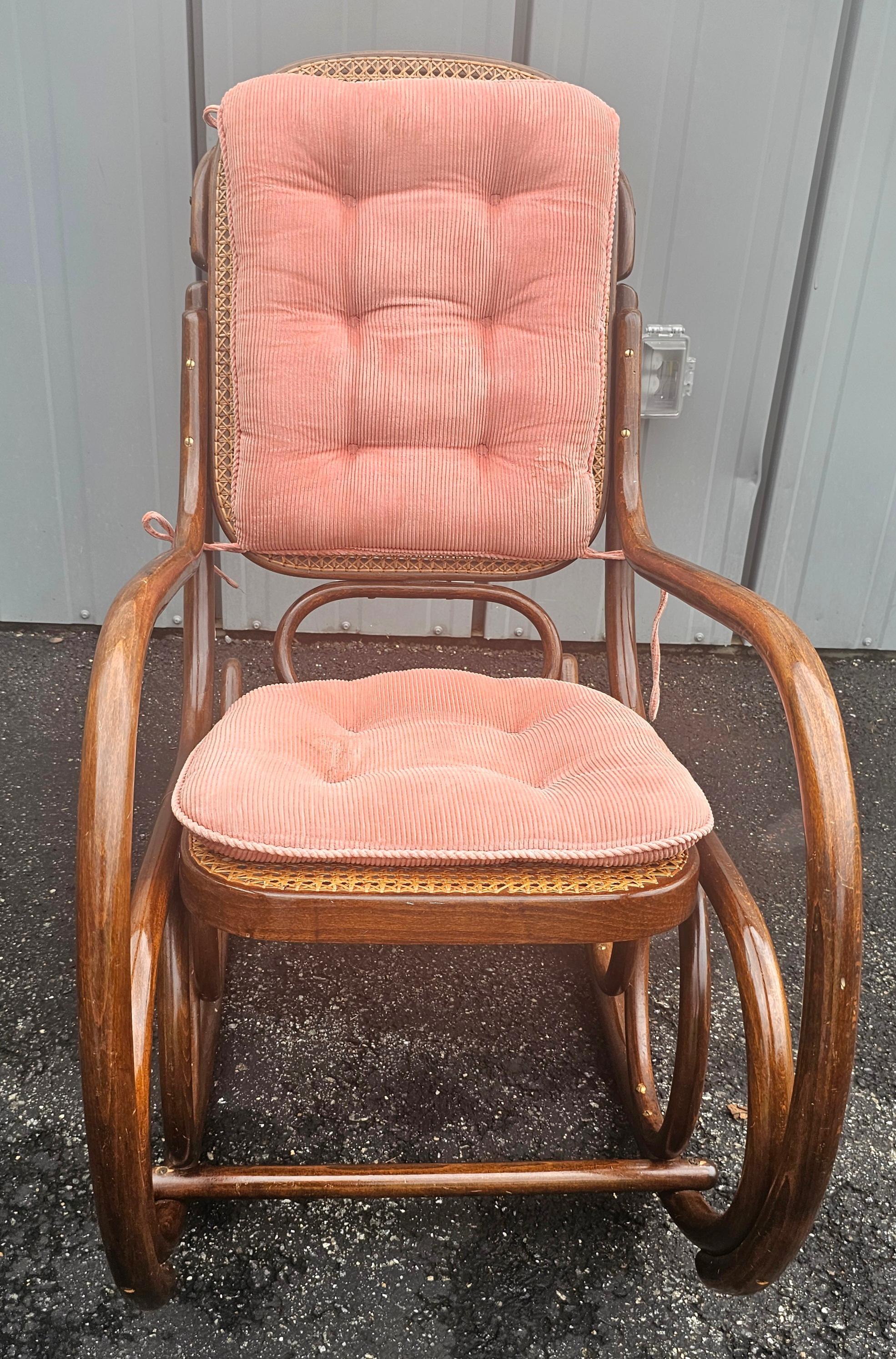 Mid-Century Modern Mid Century Thonet No 10 Bentwood and Cane Rocker w/ Rose Damask Velvet Cushions For Sale