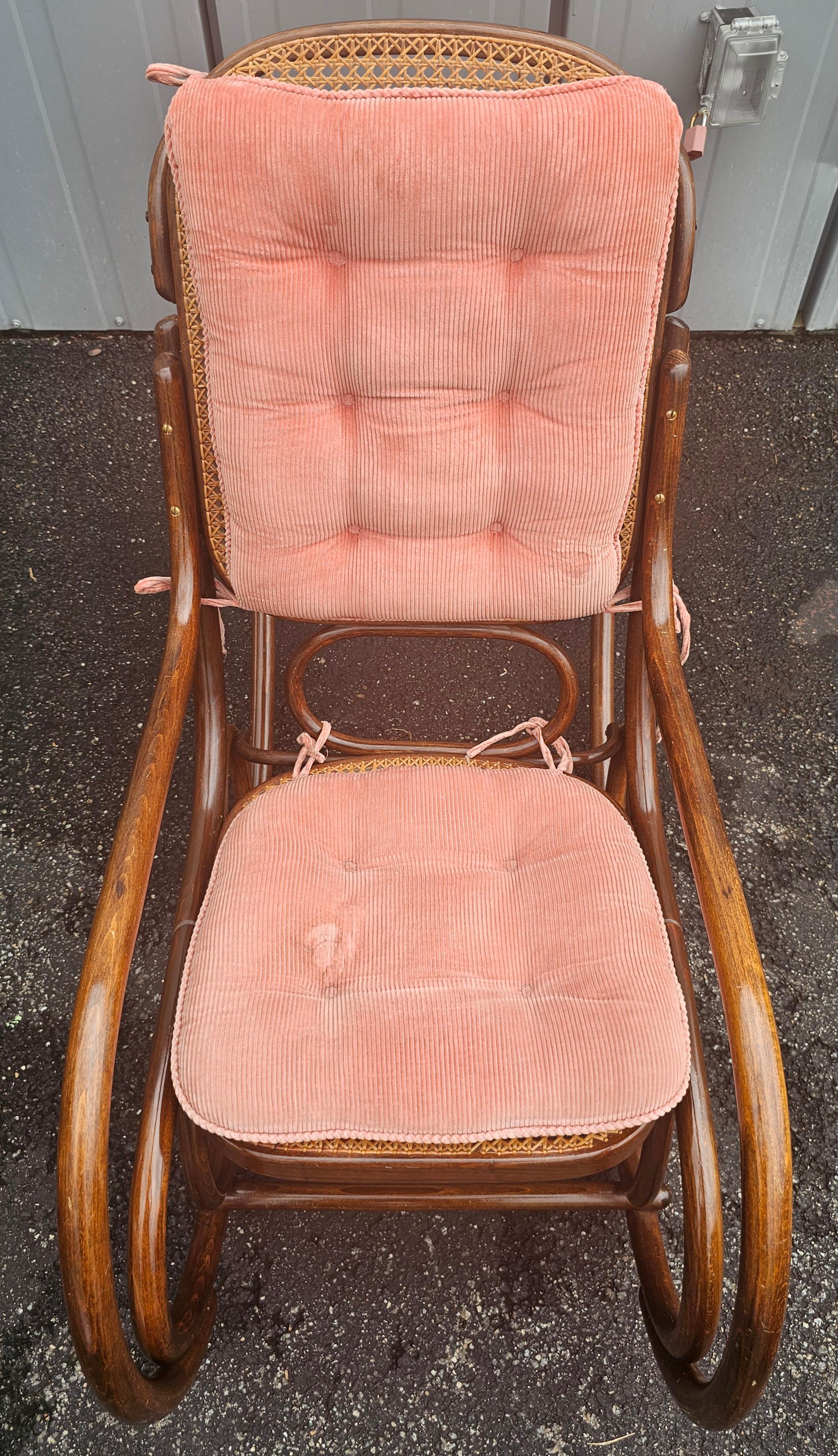 Unknown Mid Century Thonet No 10 Bentwood and Cane Rocker w/ Rose Damask Velvet Cushions For Sale