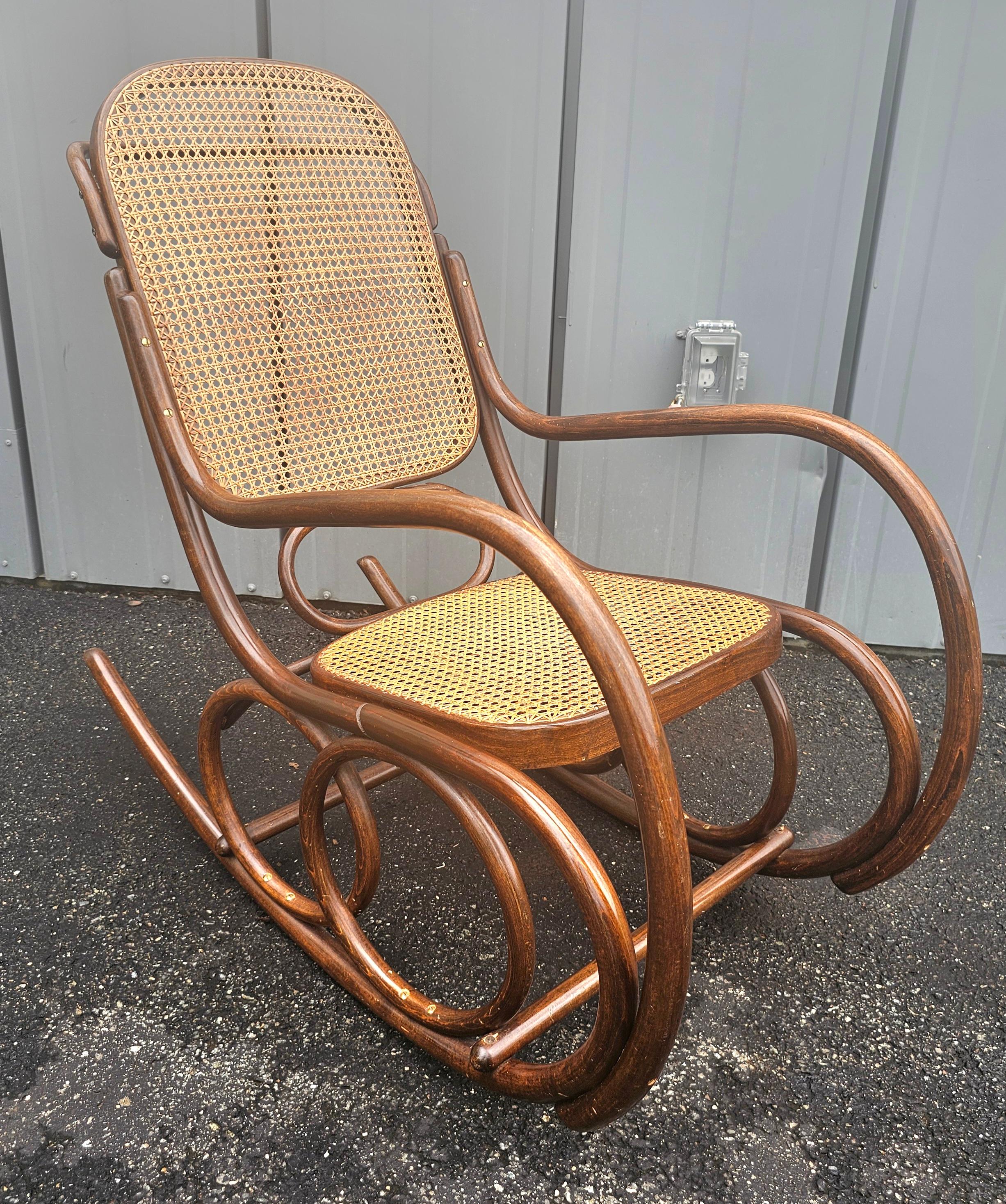 Hand-Crafted Mid Century Thonet No 10 Bentwood and Cane Rocker w/ Rose Damask Velvet Cushions For Sale