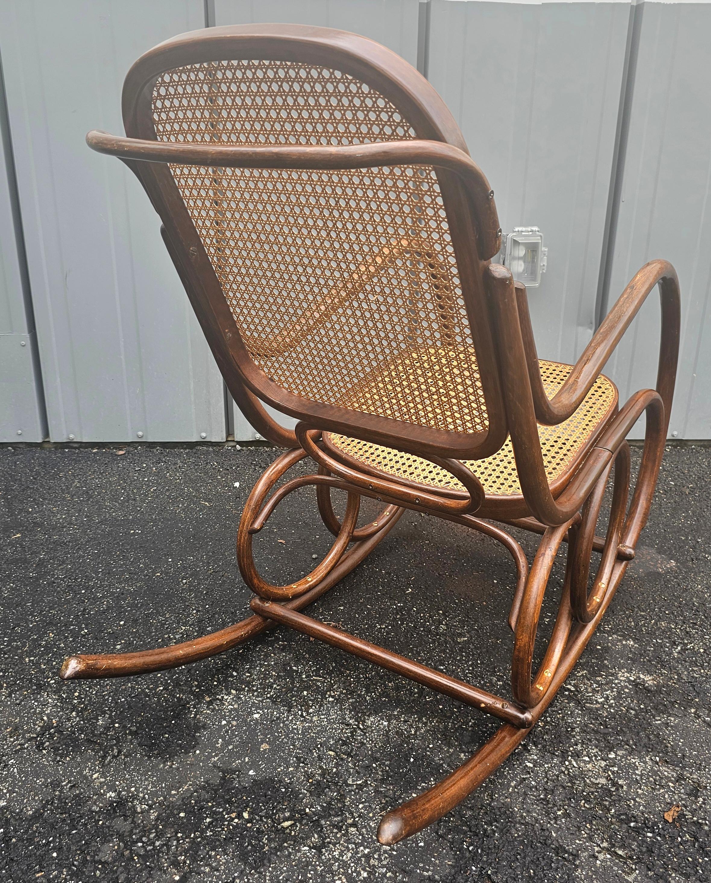 20th Century Mid Century Thonet No 10 Bentwood and Cane Rocker w/ Rose Damask Velvet Cushions For Sale