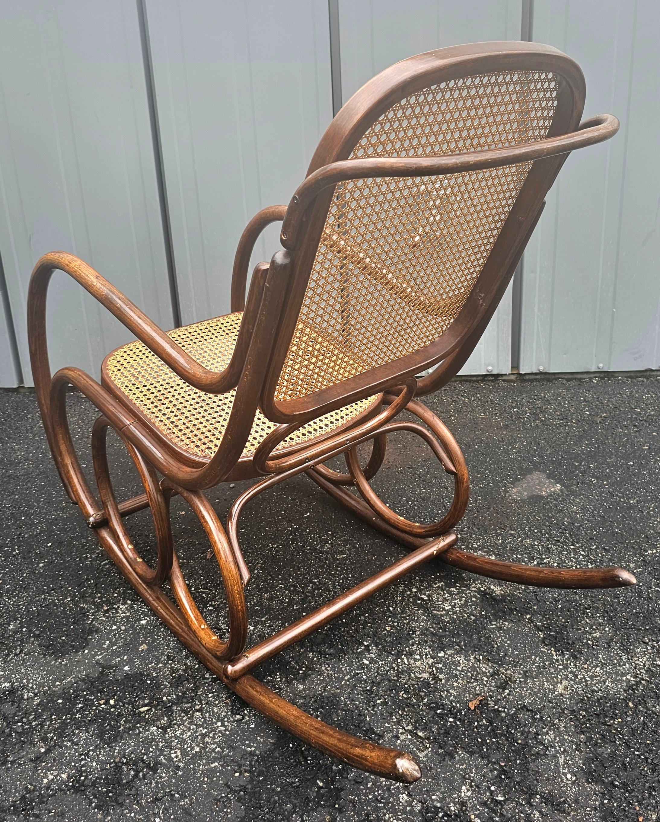 Mid Century Thonet No 10 Bentwood and Cane Rocker w/ Rose Damask Velvet Cushions For Sale 1