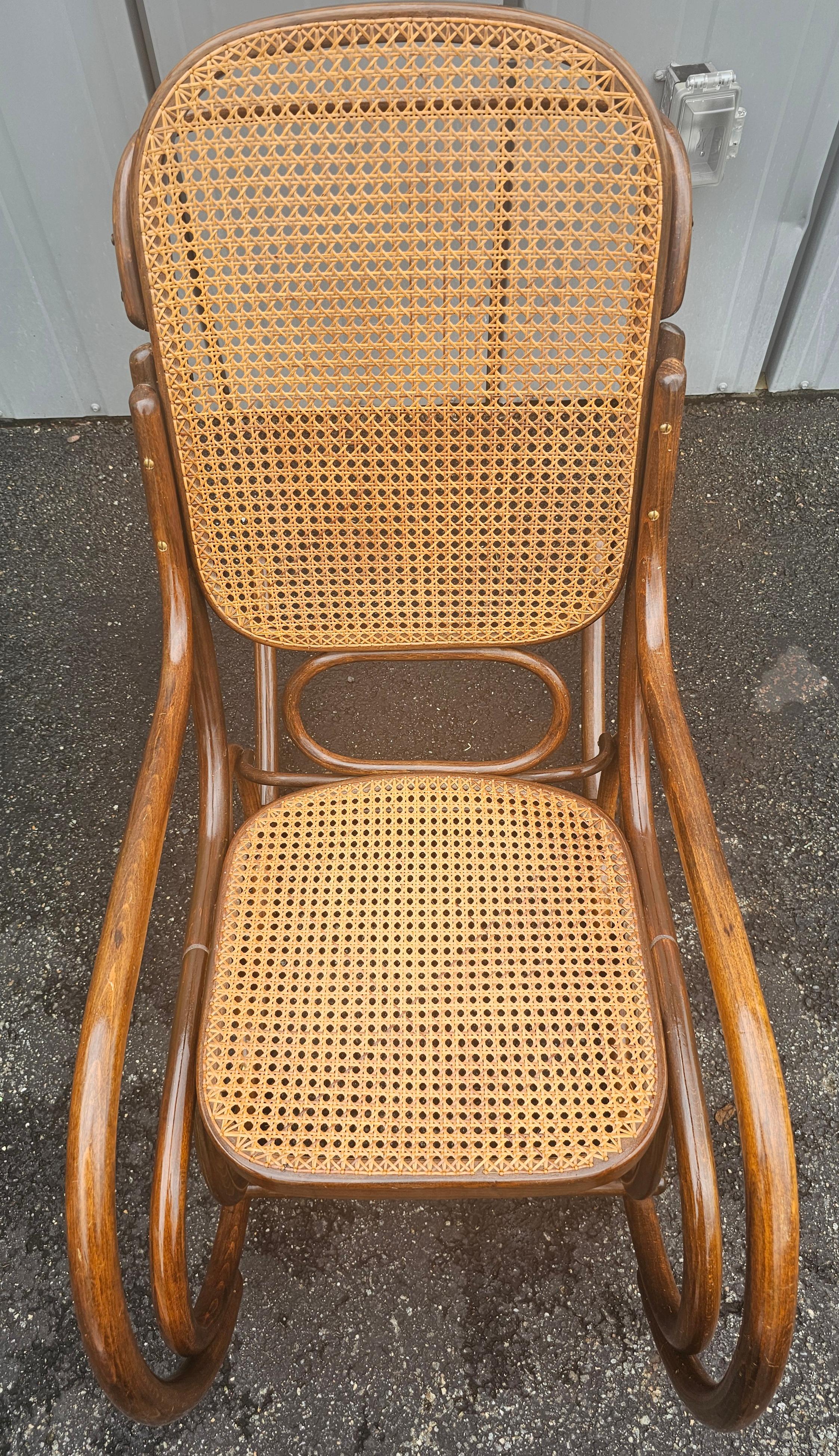 Mid Century Thonet No 10 Bentwood and Cane Rocker w/ Rose Damask Velvet Cushions For Sale 2